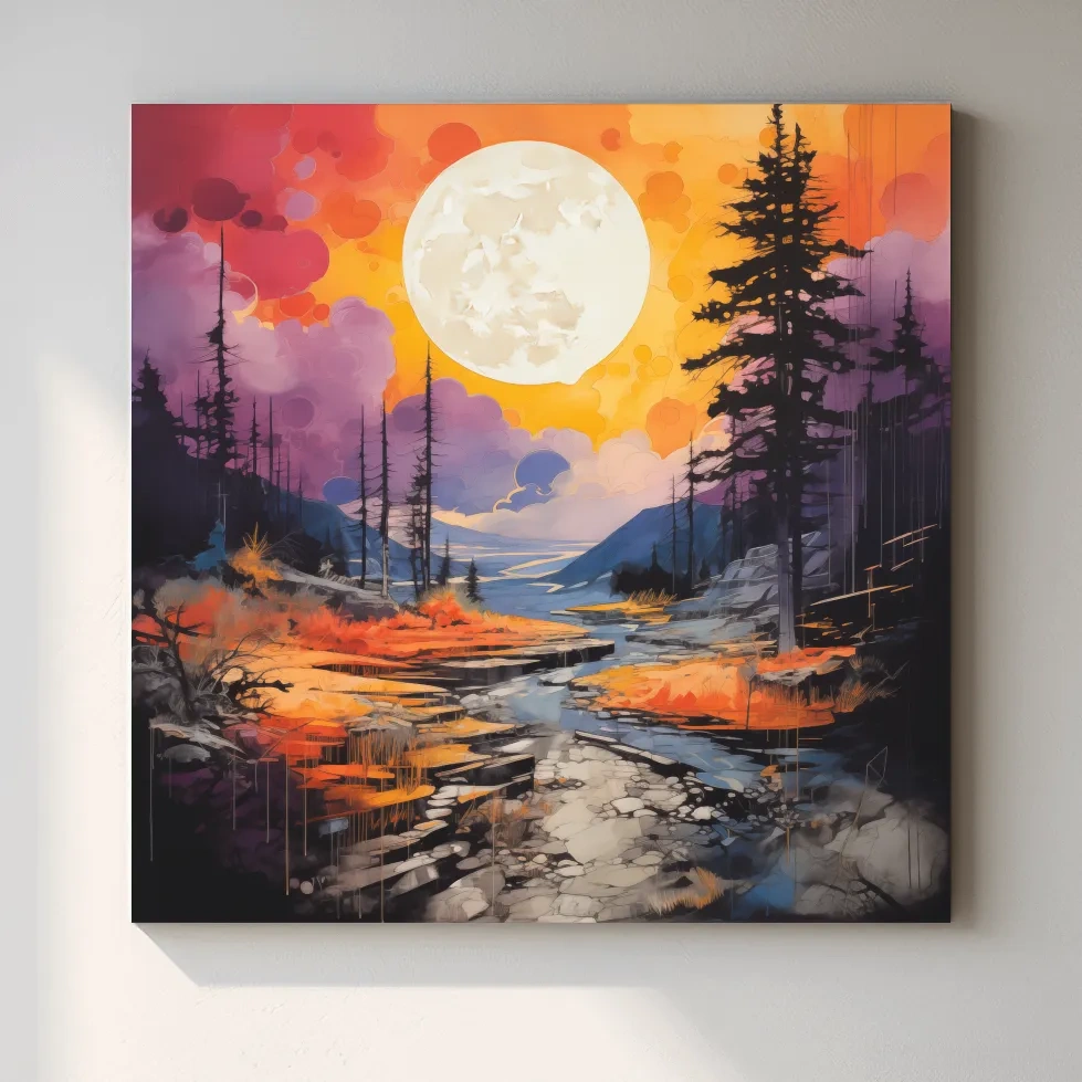 Vibrant River Valley Landscape Illustration - Abstract Sunset Forest Wall Art