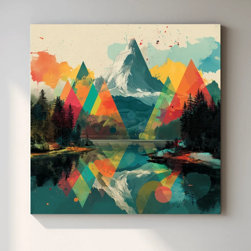 Vibrant Abstract Mountain Lake Collage Art - Colorful Alpine Wall Art