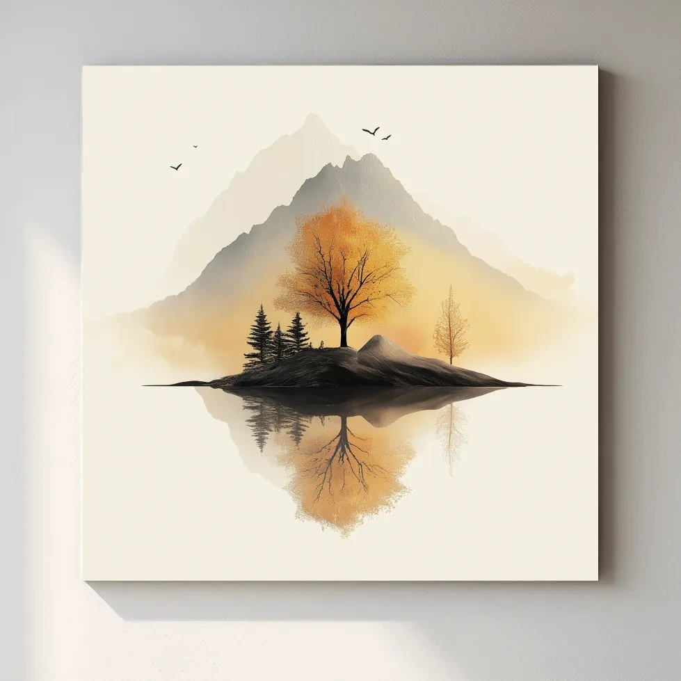 Minimalist Misty Mountain Lake Illustration - Serene Autumn Tree Landscape Wall Art