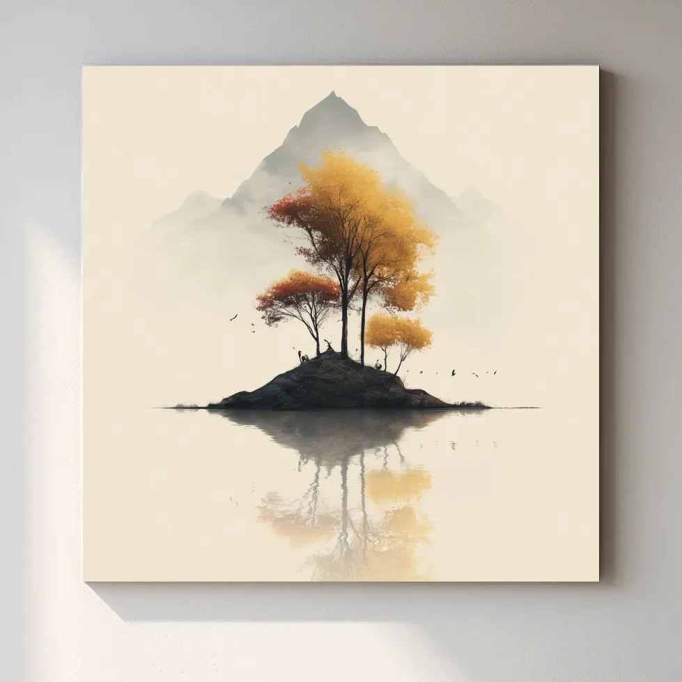 Minimalist Autumn Trees On Misty Lake Island - Serene Mountain Landscape Wall Art