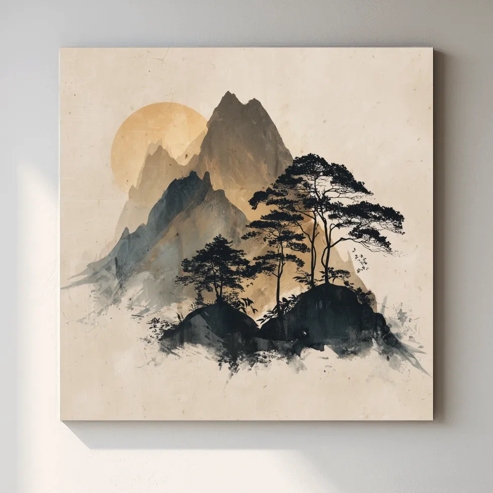 Zen Ink Wash Mountain Sunrise - Minimalist Japanese Pine Landscape Wall Art