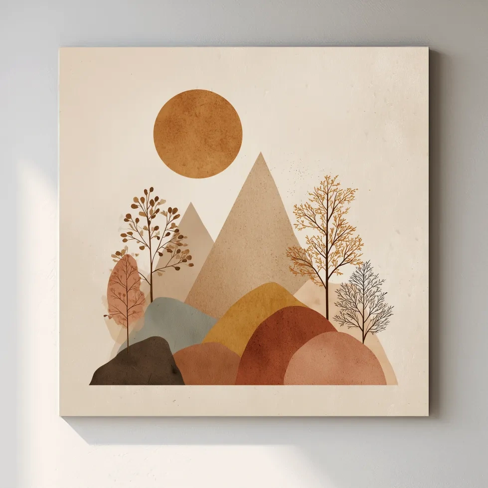Minimalist Scandi Mountain Sunset Landscape - Boho Neutral Earth Tone Wall Art