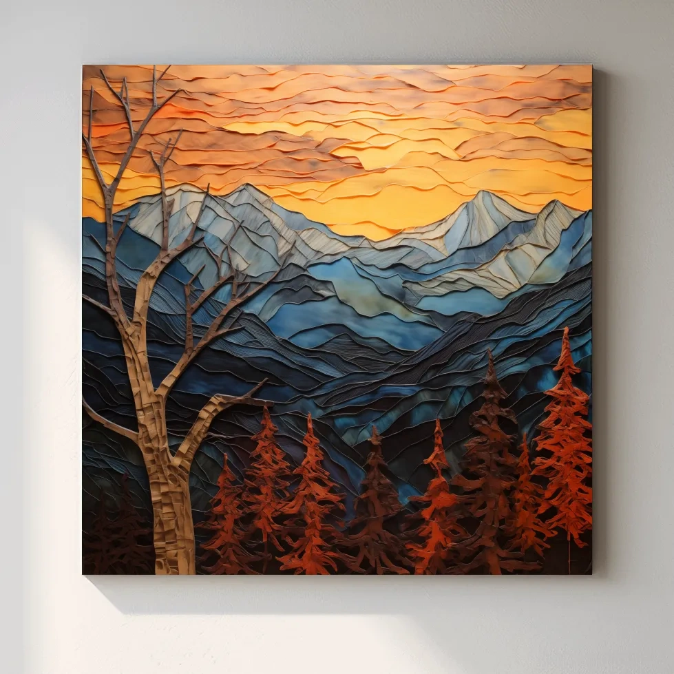 Layered Paper Cut Alpine Mountain Sunset - Mixed Media 3D Landscape Wall Art