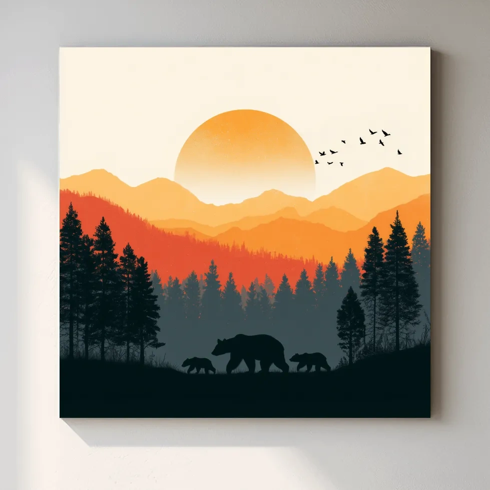 Sunset Mama Bear & Cubs Silhouette - Wildlife Forest Landscape Wall Art