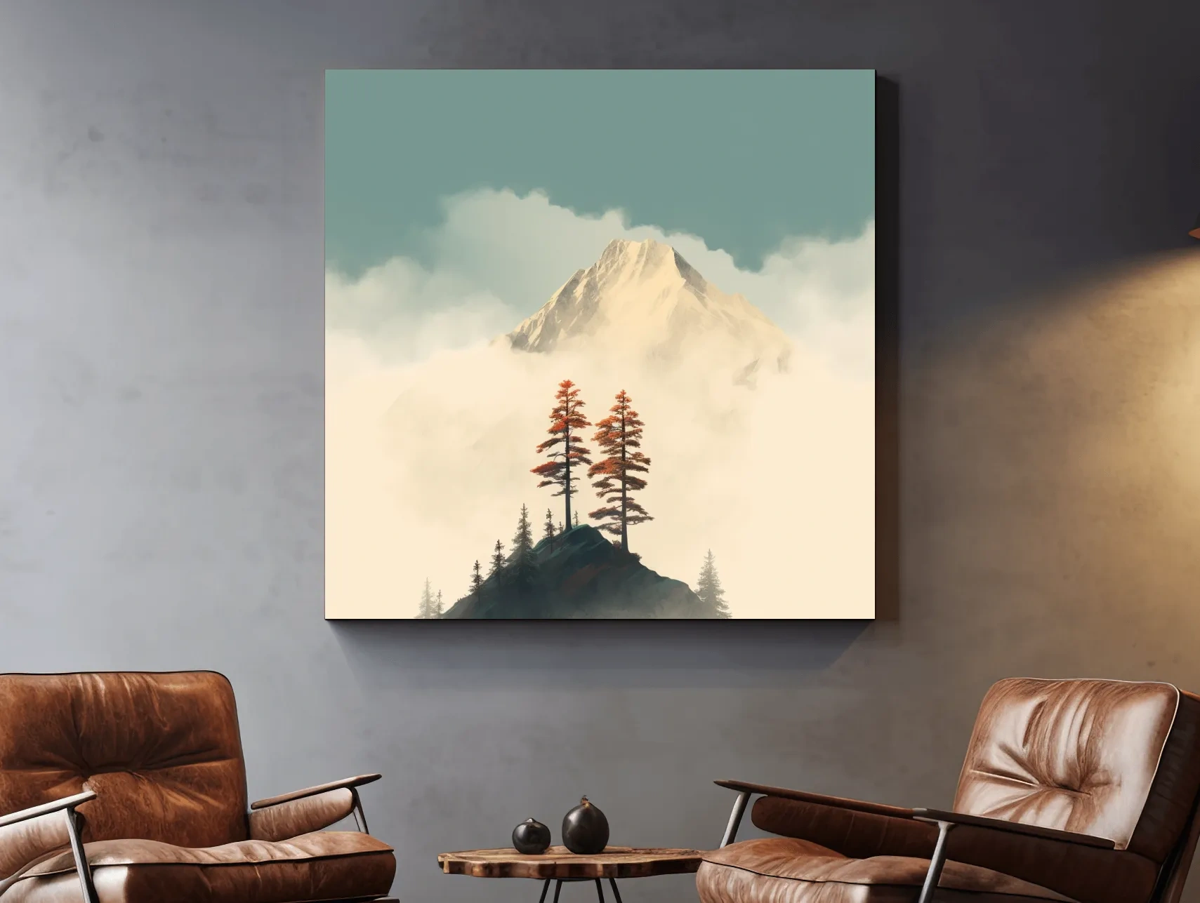 Minimalist art, trees before a glacier in the clouds
