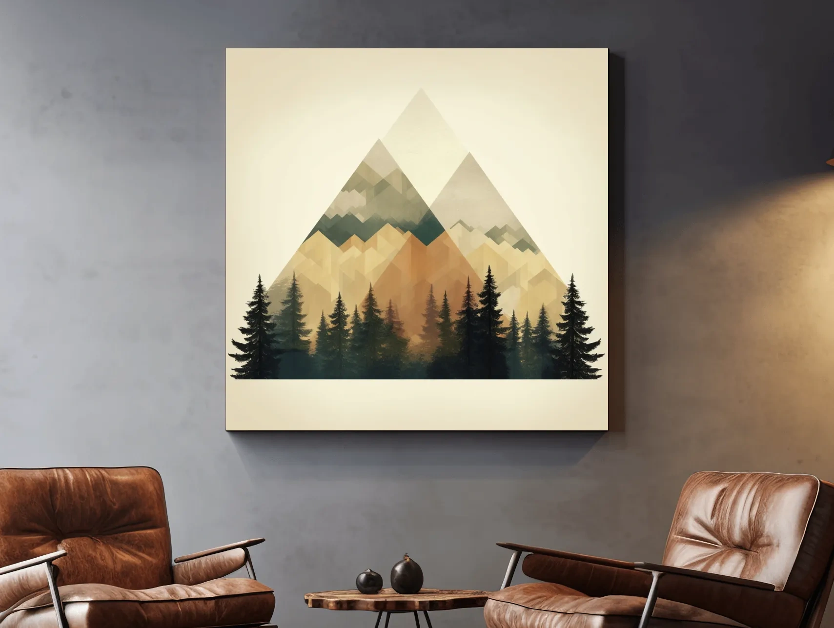 Geometric Mountain Peaks With Pine Forest - Minimalist Scandinavian Alpine Artwork