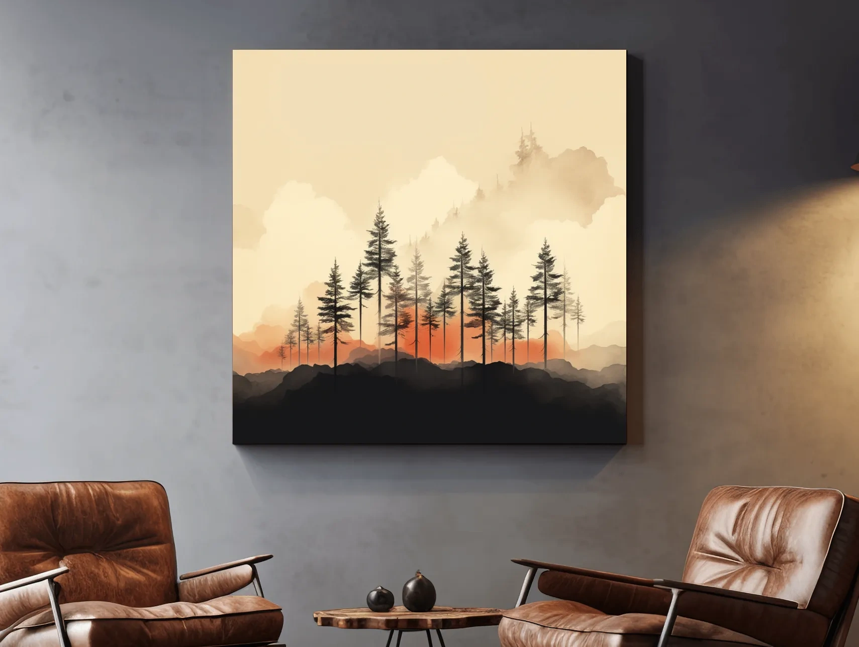 Misty Pine Forest Silhouettes At Sunrise - Minimalist Watercolor Mountain Wall Art