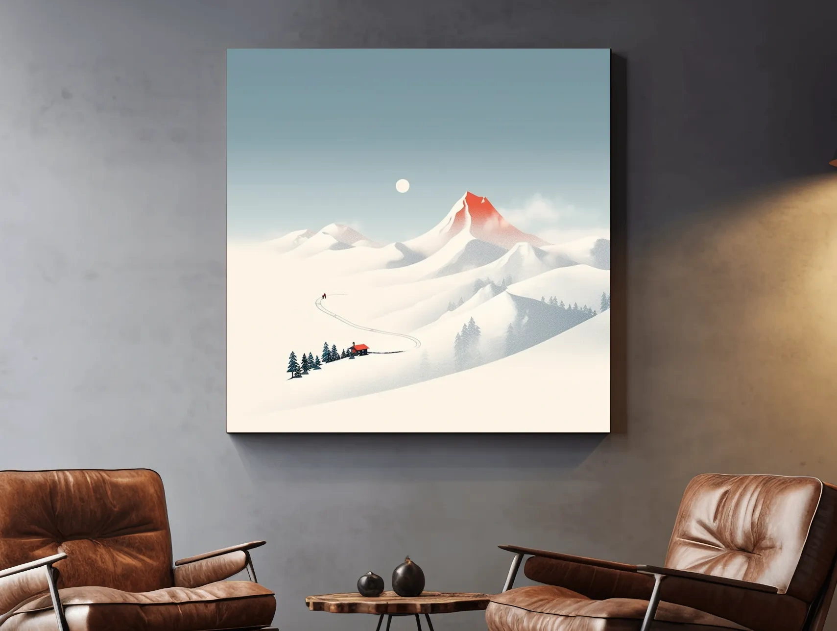 Minimalist Snowy Mountain Cabin Landscape - Nordic Winter Wall Art