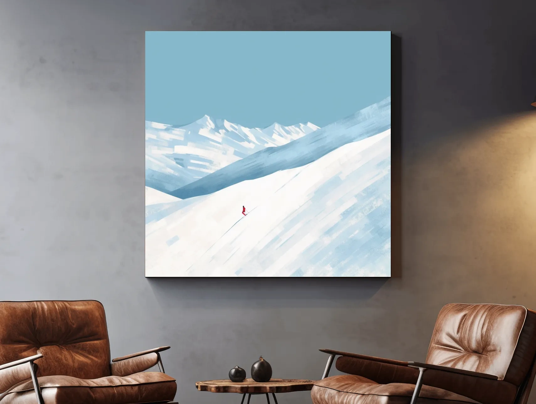 Minimalist Snowy Mountain Skier Painting - Alpine Winter Wall Art