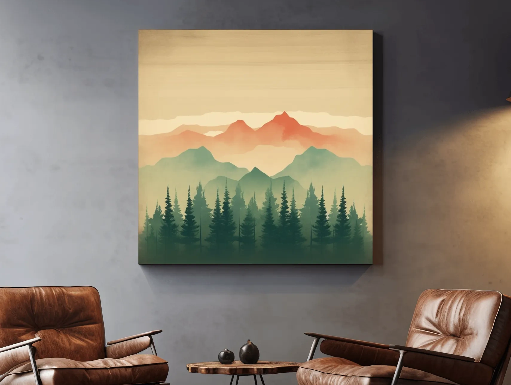 Misty Watercolor Mountain Range Sunrise - Pine Forest Landscape Artwork
