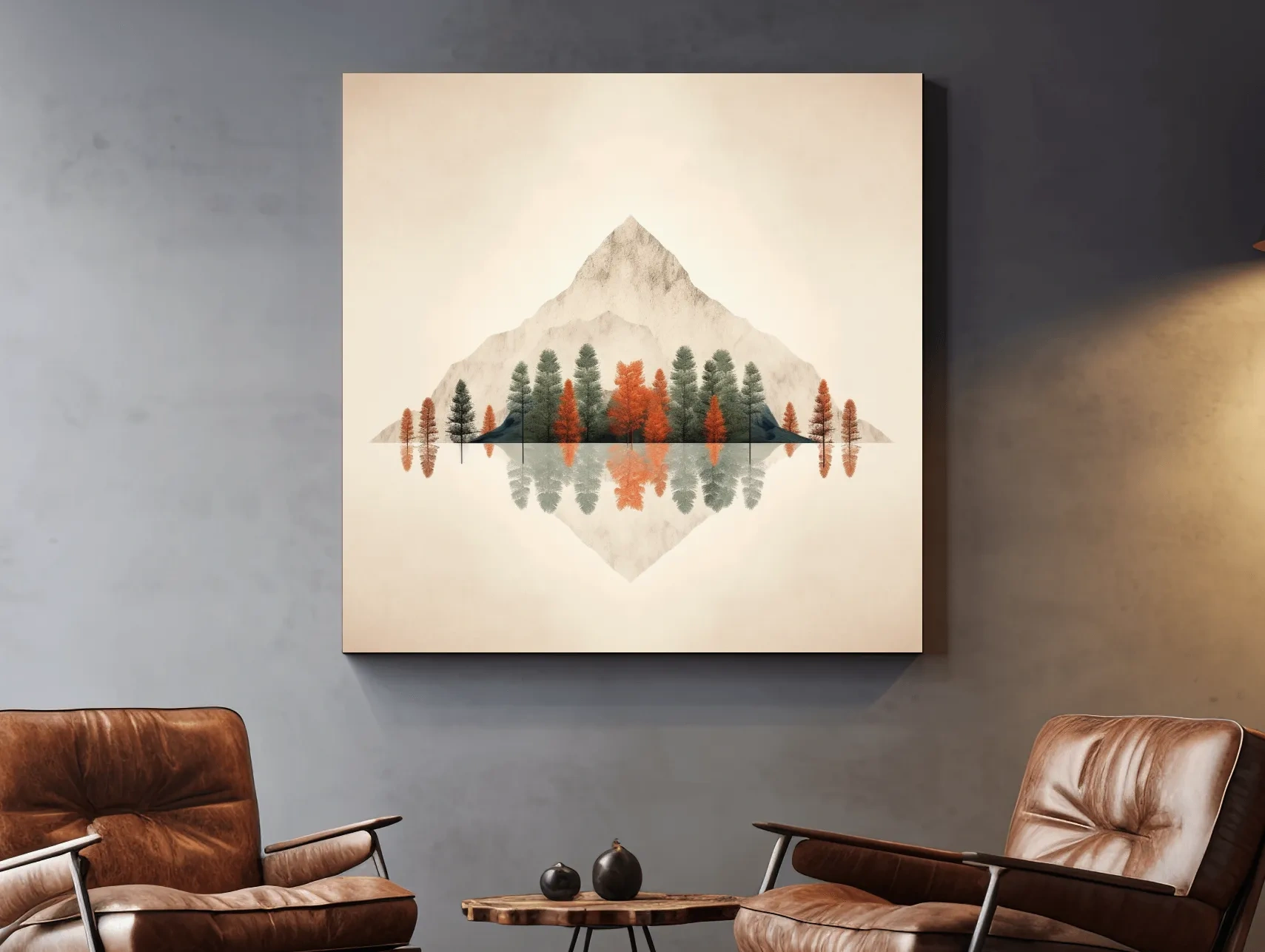 Minimalist Minimal Mountain Lake Reflection Painting - Autumn Pine Forest Artwork