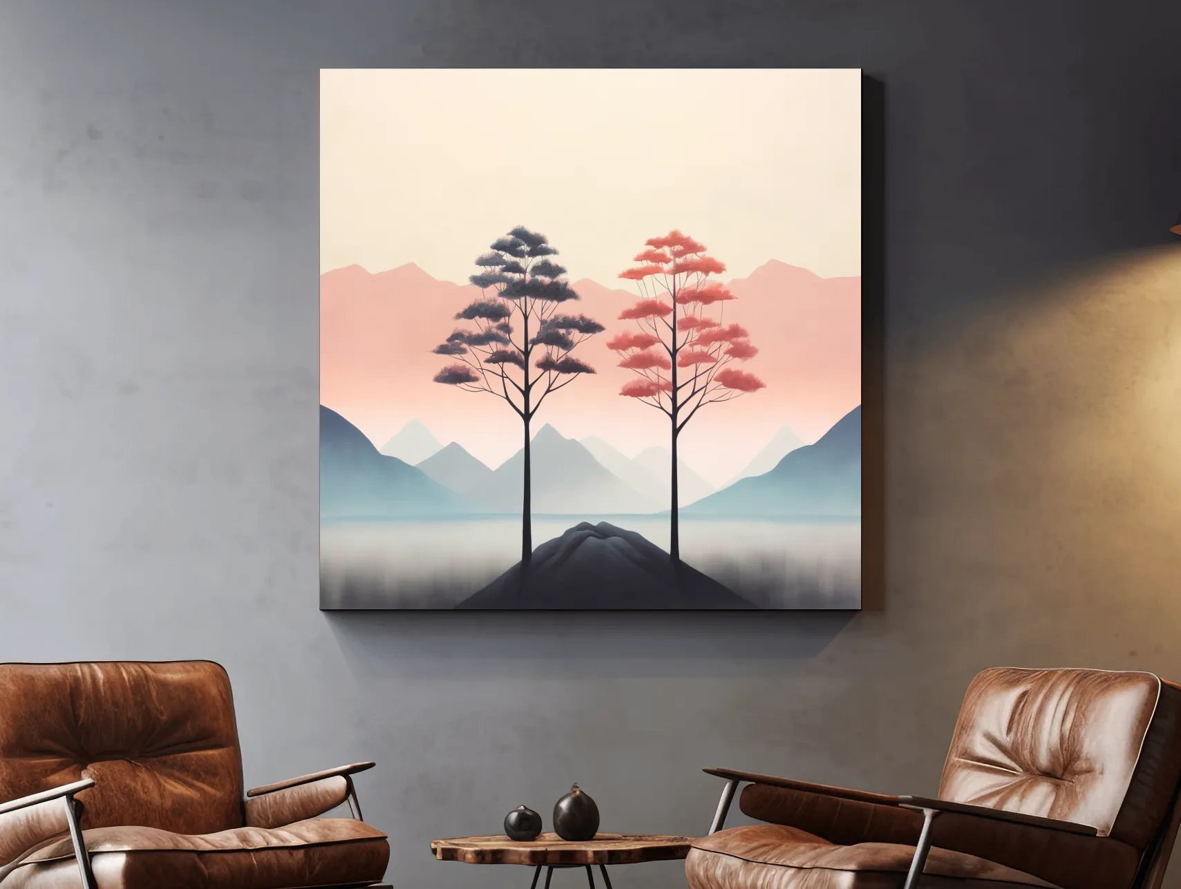 Minimalist Twin Pine Trees Landscape - Serene Pastel Mountain Lake Wall Art