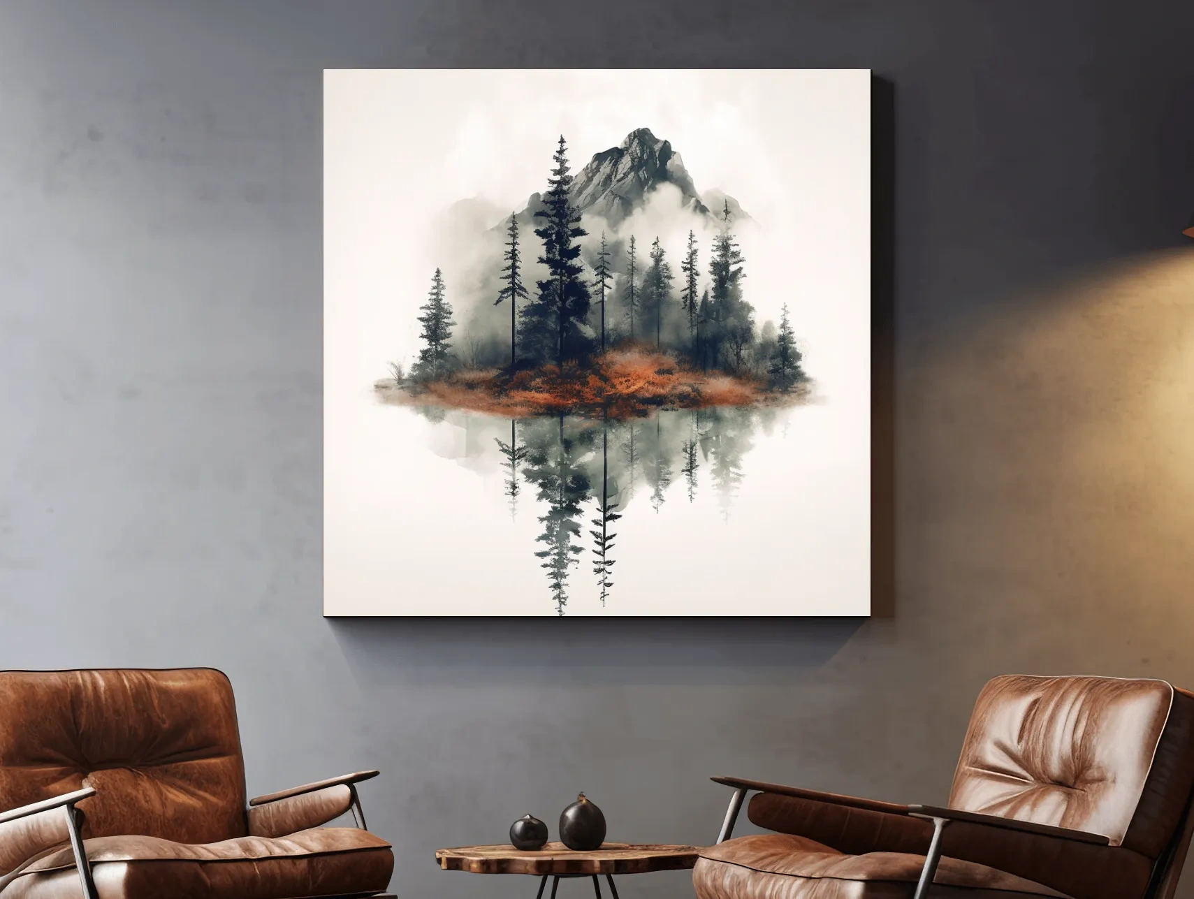Minimalist Mountain Lake Reflection Watercolor - Moody Pine Forest Landscape Wall Art