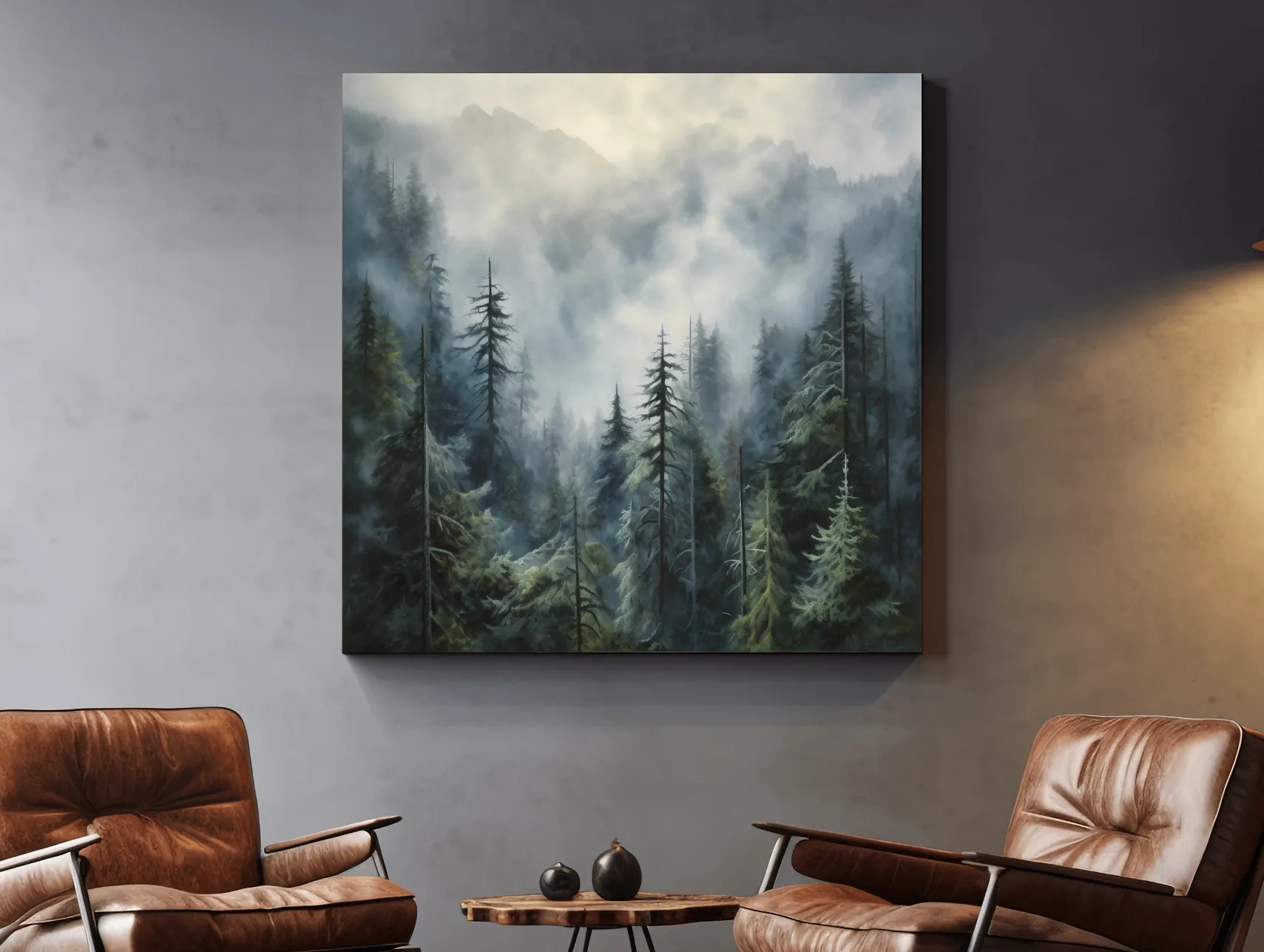 Moody Misty Pine Forest Mountains - Atmospheric Landscape Painting Wall Art