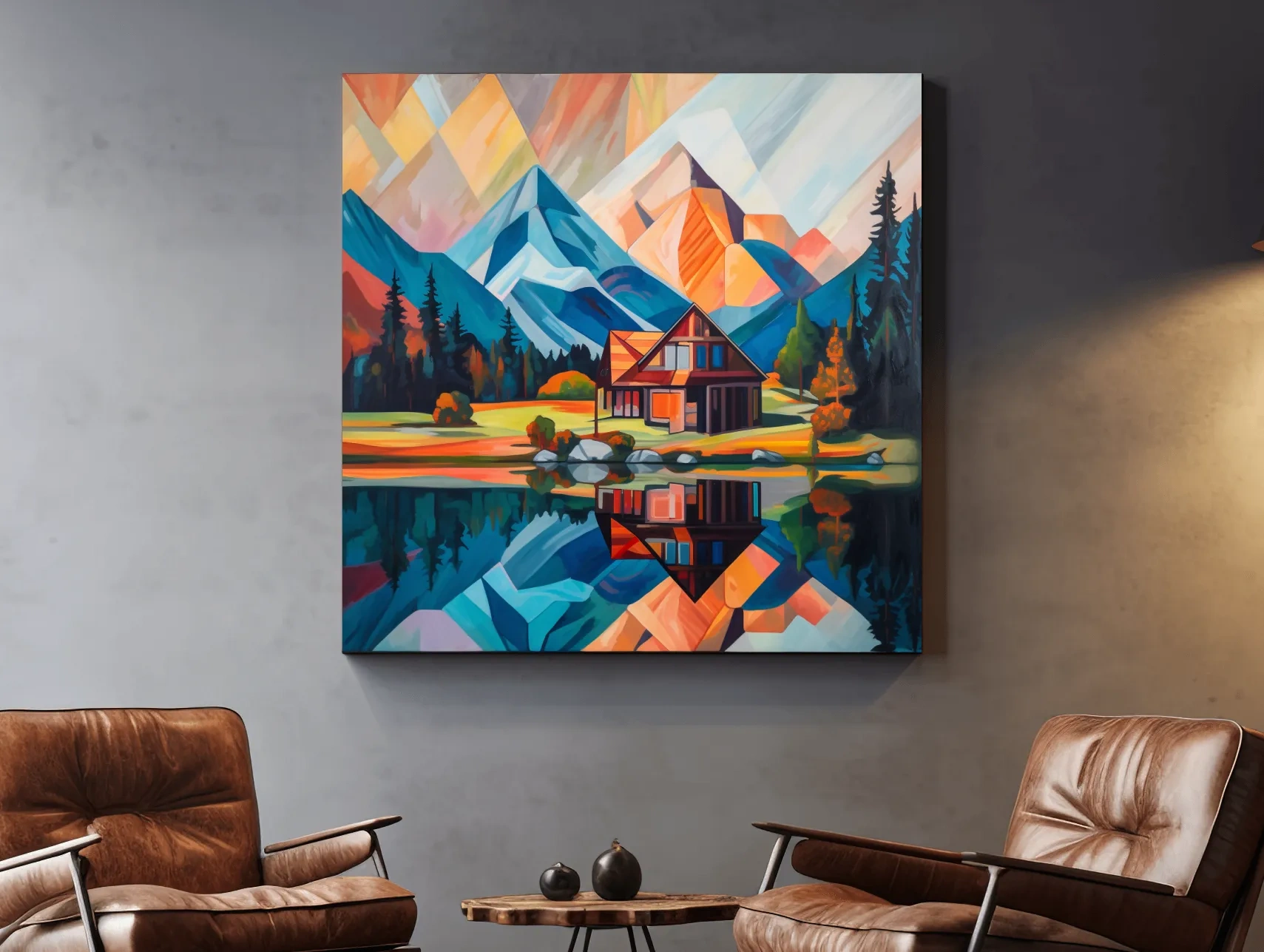 Vibrant Geometric Mountain Cabin Lake Reflection - Abstract Sunrise Wall Art