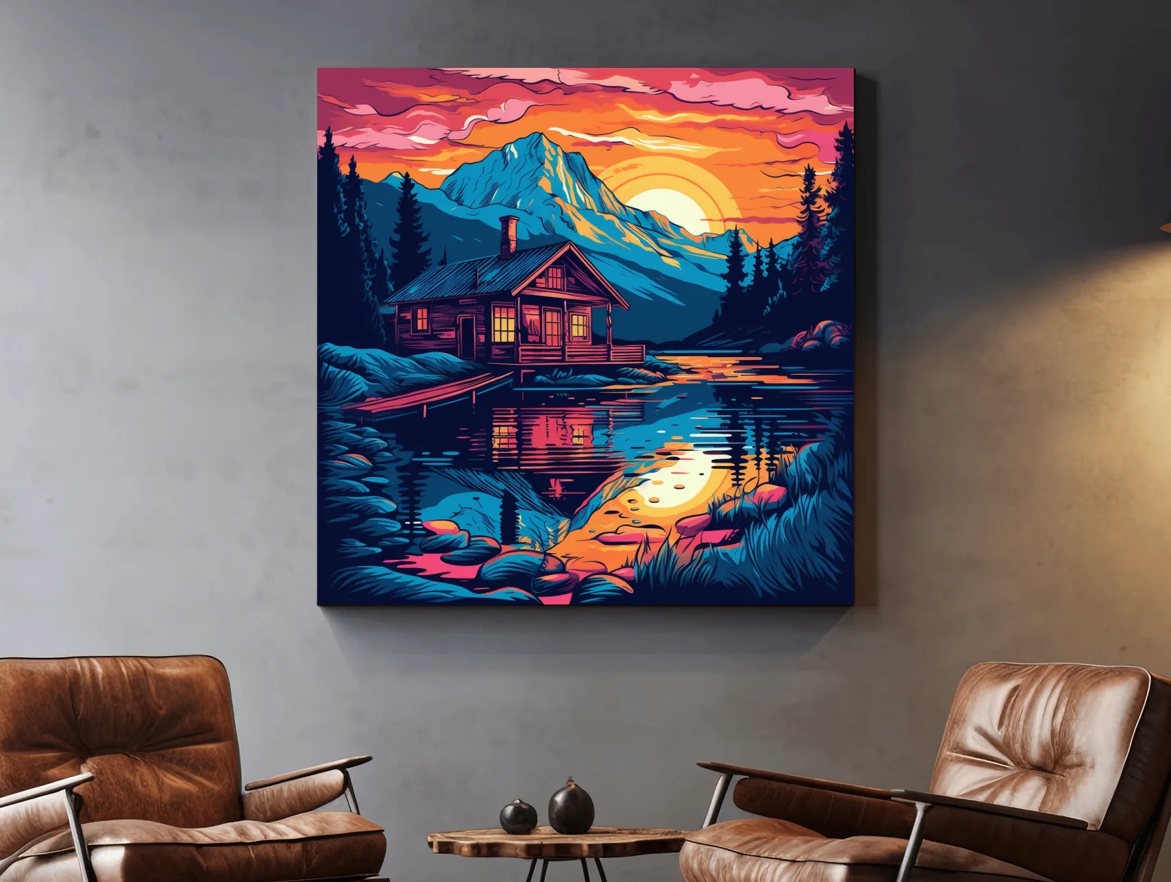 Vibrant Retro Alpine Lake Cabin Sunset - Vector Mountain Wall Art