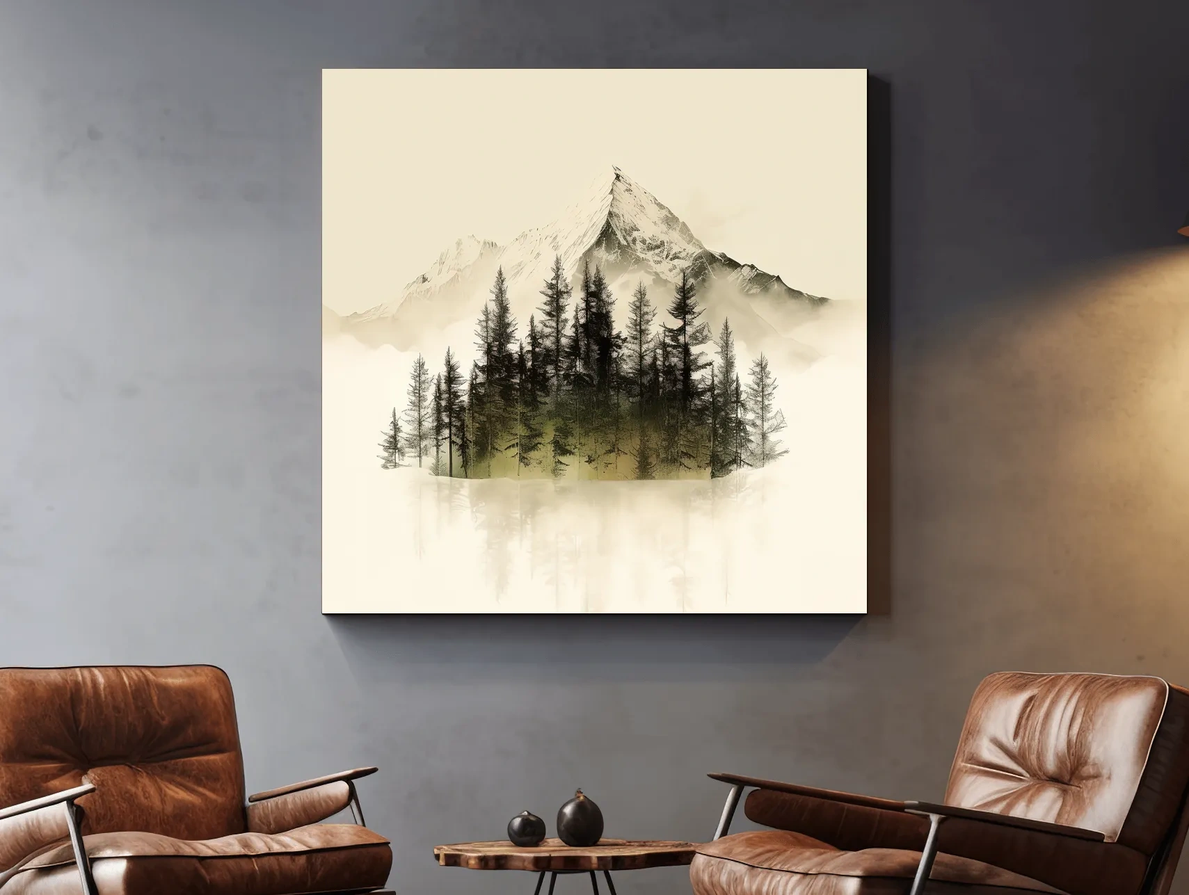 Misty Alpine Mountain Pine Forest Artwork - Minimalist Landscape Wall Art