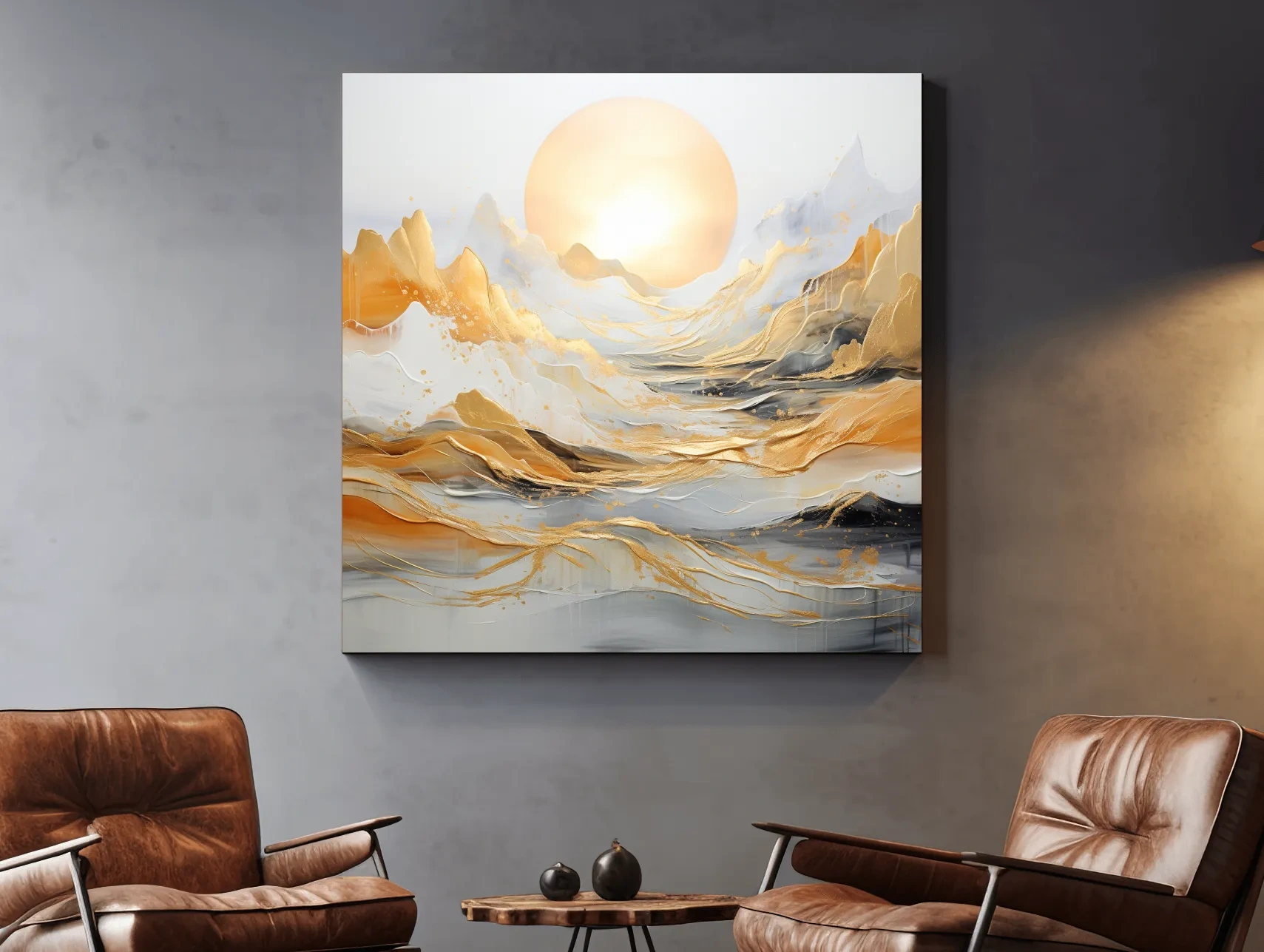 Abstract Golden Sunrise Mountain Landscape - Modern Golf Leaf Style Wall Art