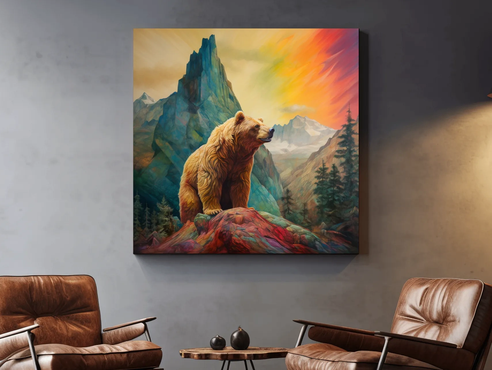 Majestic Grizzly Bear Mountain Landscape - Vibrant Painting Style Wildlife Wall Art