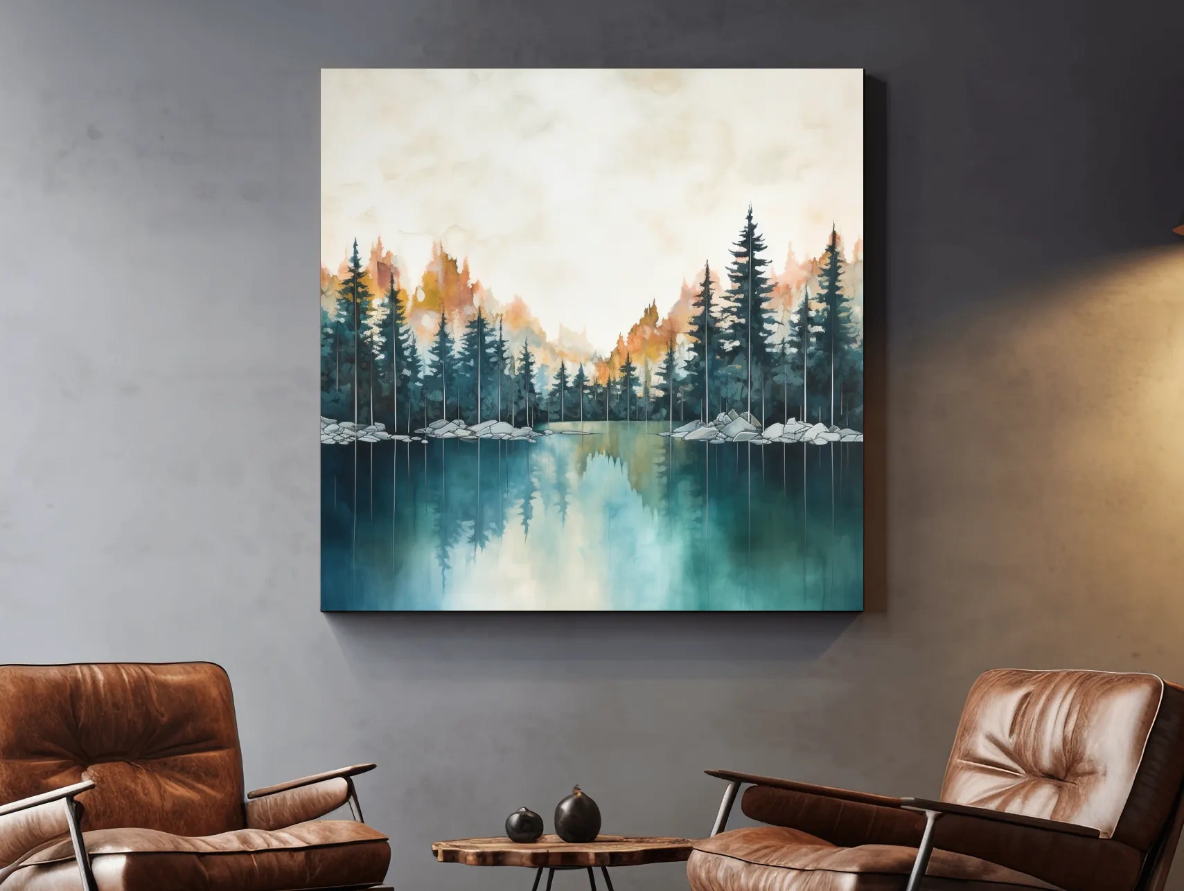 Misty Forest Lake Watercolor Painting - Serene Landscape Wall Art