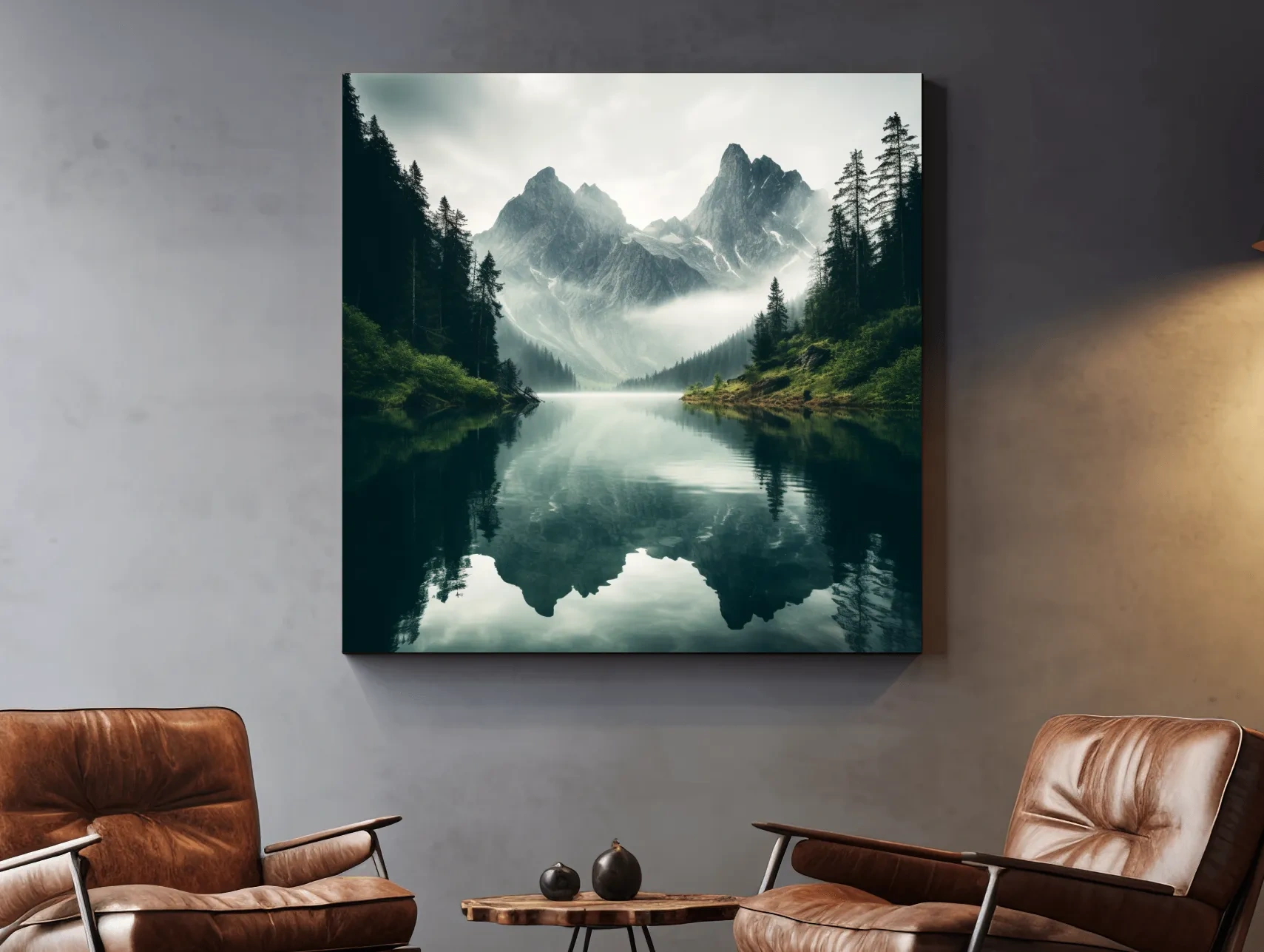 Misty Alpine Mountain Lake Reflection - Moody Pine Forest Photographic Wall Art