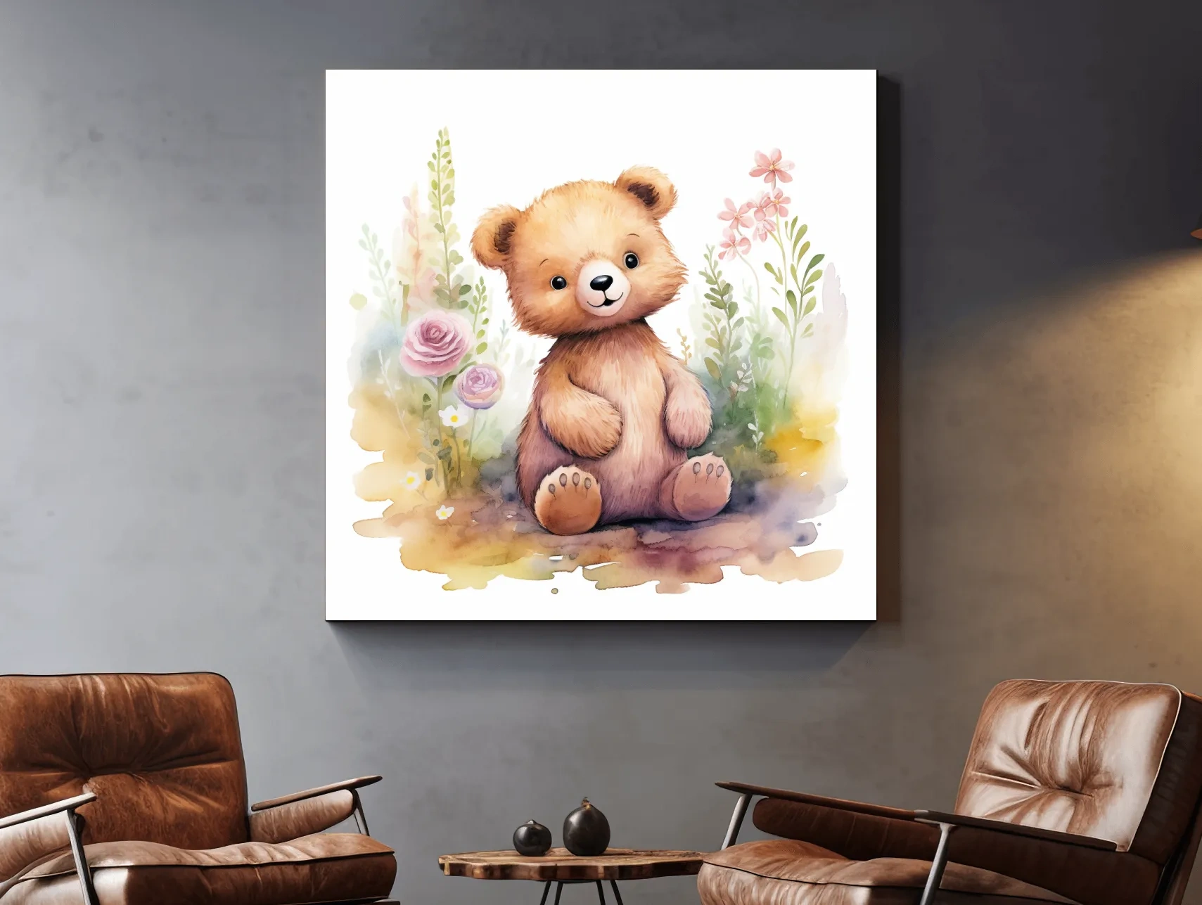 Cute Watercolor Teddy Bear With Pastel Flowers - Nursery Animal Wall Art