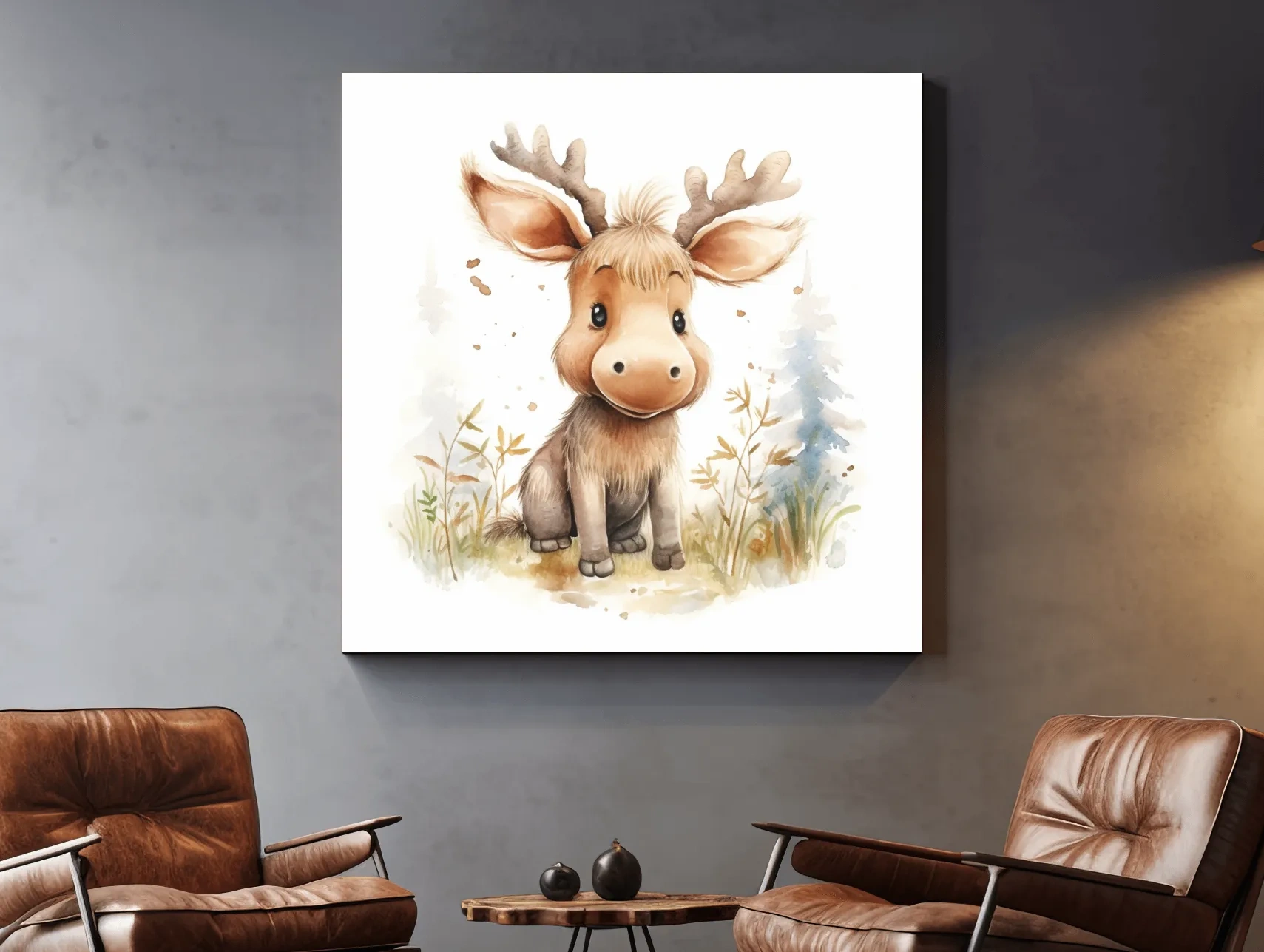 Cute Baby Moose Watercolor Illustration - Woodland Nursery Animal Wall Art