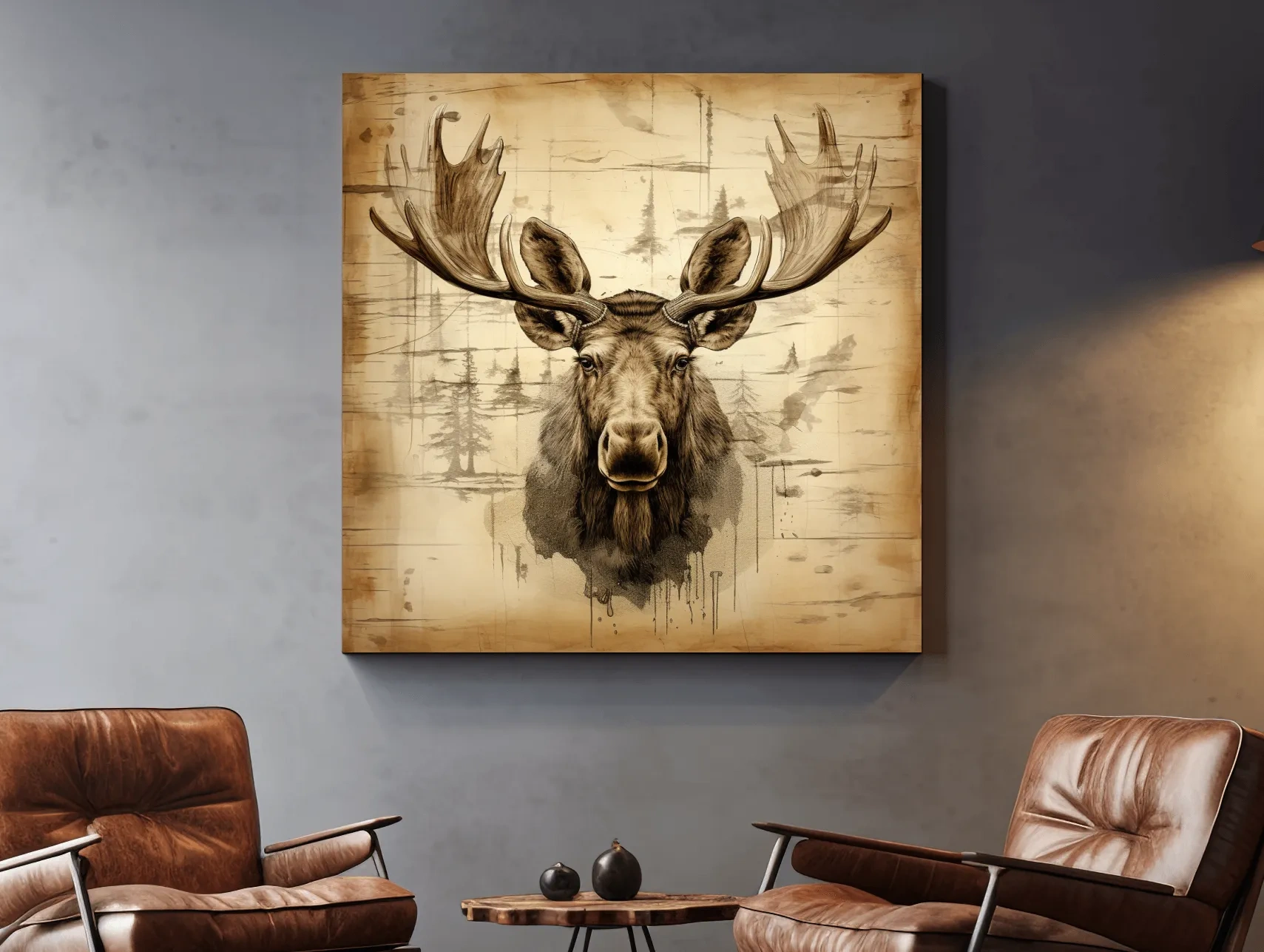 Rustic Sepia Moose Portrait Sketch - Vintage Lodge Wildlife Wall Art