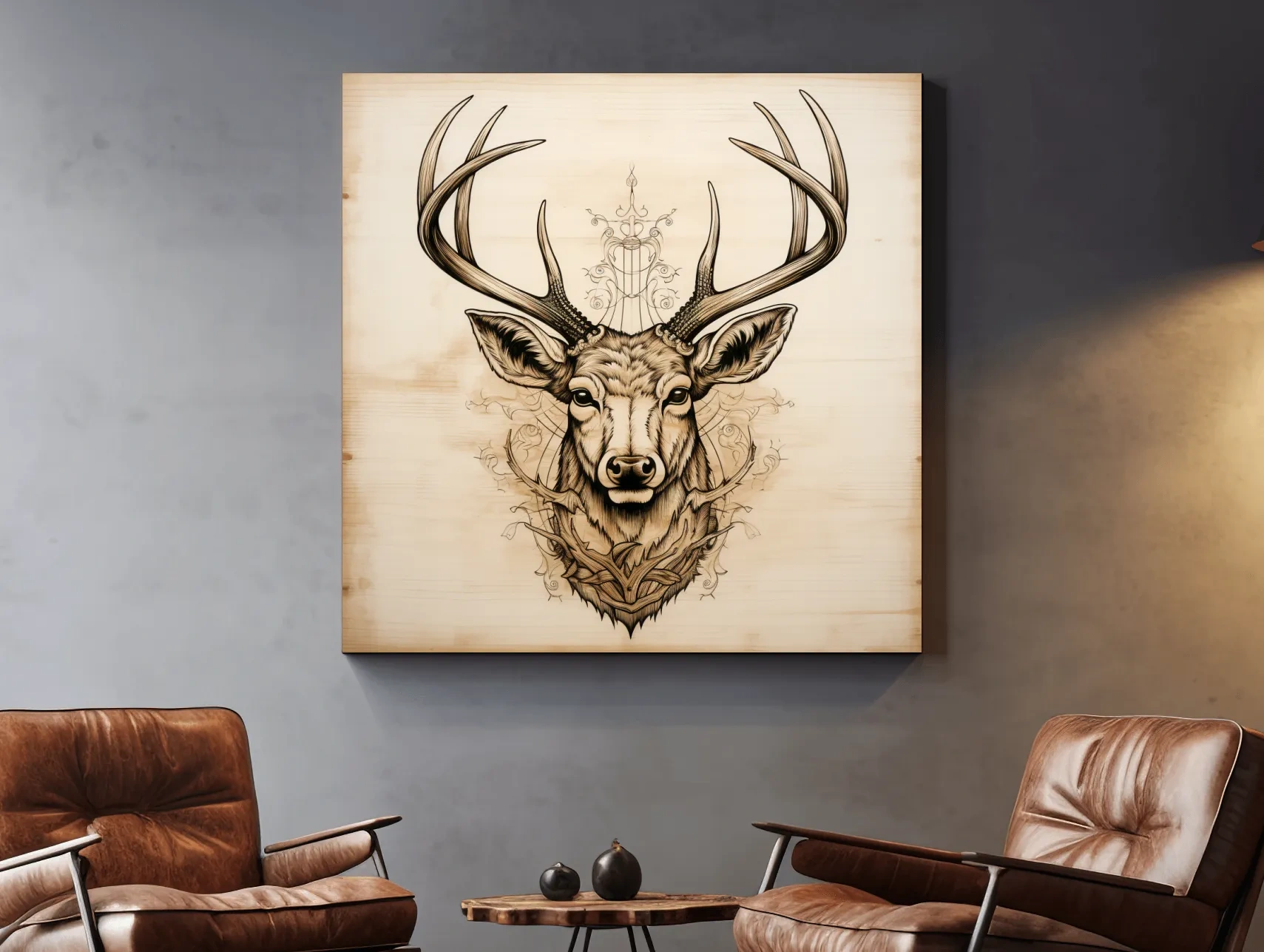 Ornate Deer Head on Wood Sketch Illustration - Rustic Wildlife Wall Art