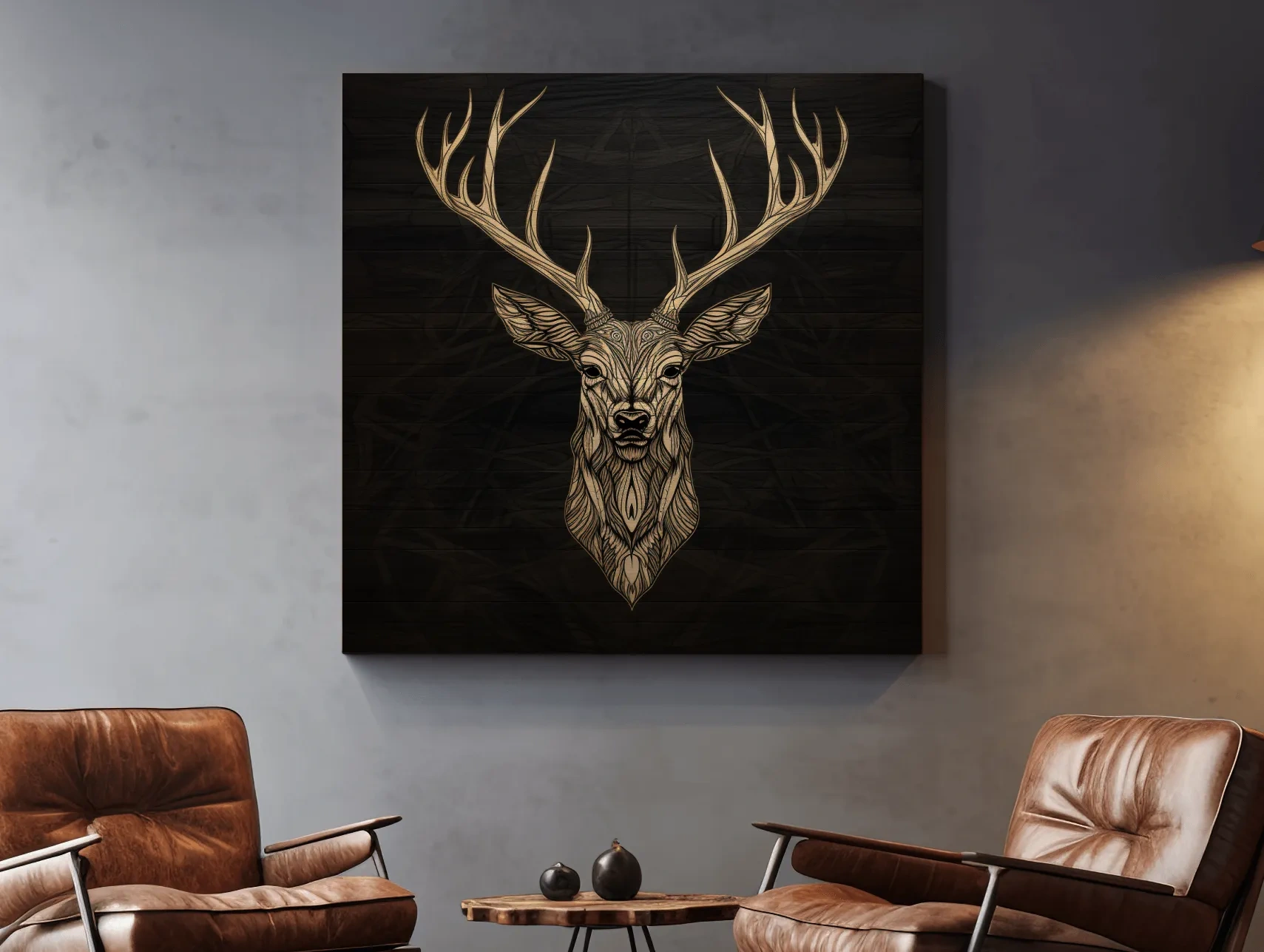 Elegant Geometric Deer Head Line Art - Rustic Woodcut Style Wildlife Artwork