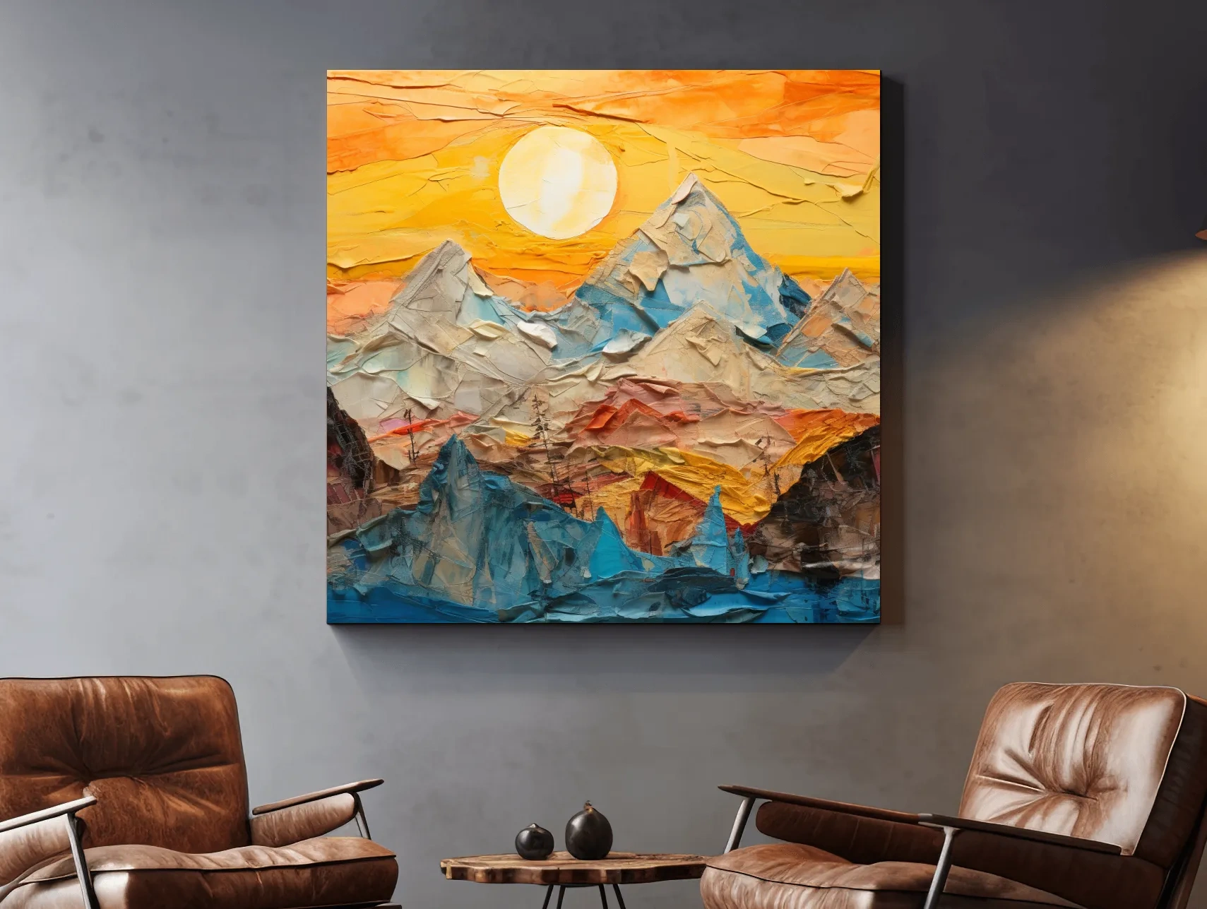 Collage Mountain Sunrise Painting - Warm Abstract Landscape Wall Art