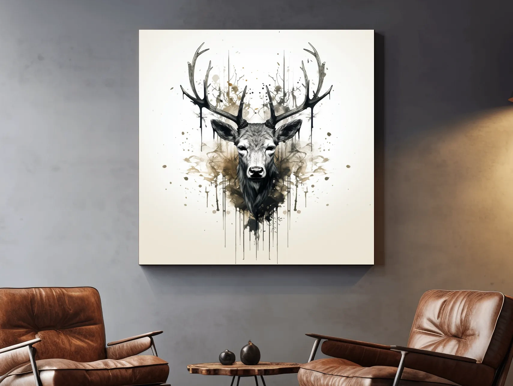 Watercolor Stag Portrait Rorschach Ink Splatter - Rustic Wildlife Artwork