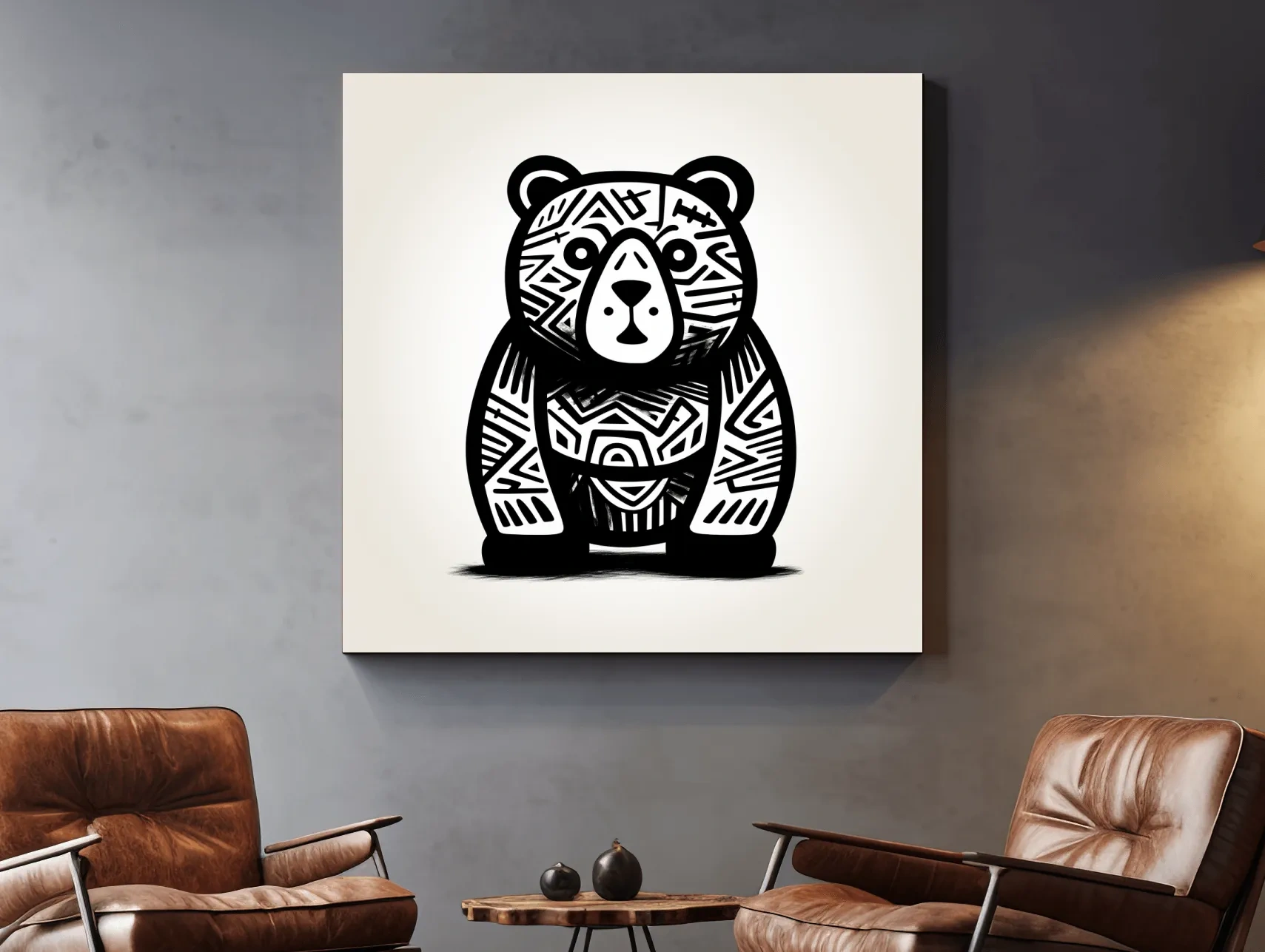 Tribal Pattern Bear Illustration - Quirky Black And White Animal Wall Art