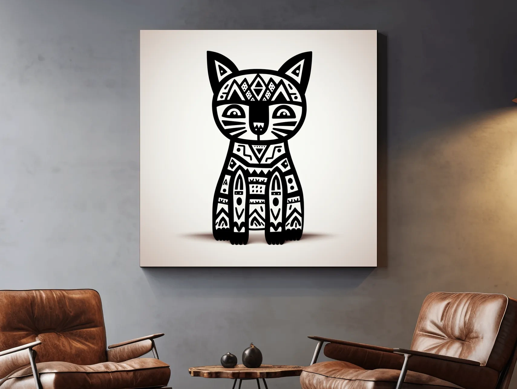 Tribal Geometric Cat Illustration - Black And White Quirky Animal Wall Art