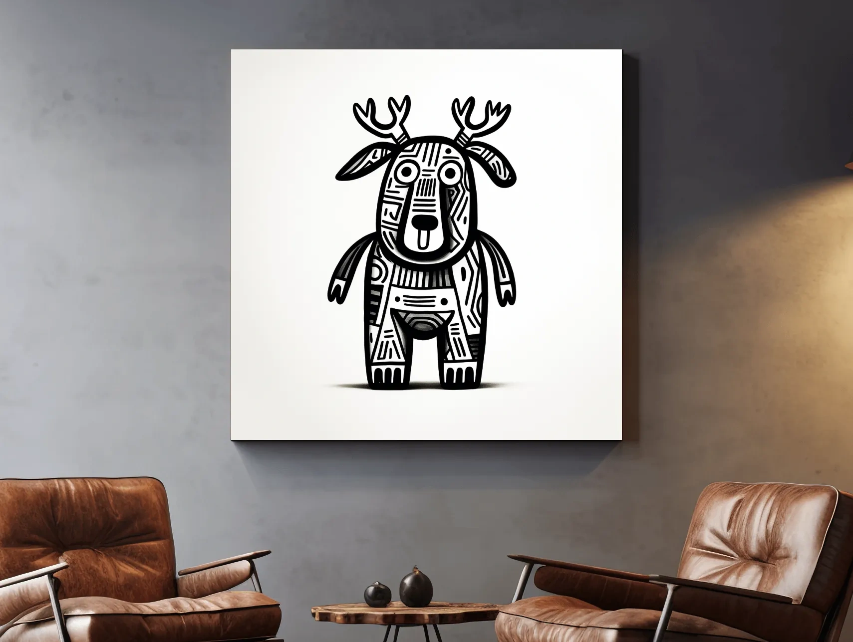 Whimsical Tribal Deer Illustration - Quirky Black And White Animal Wall Art