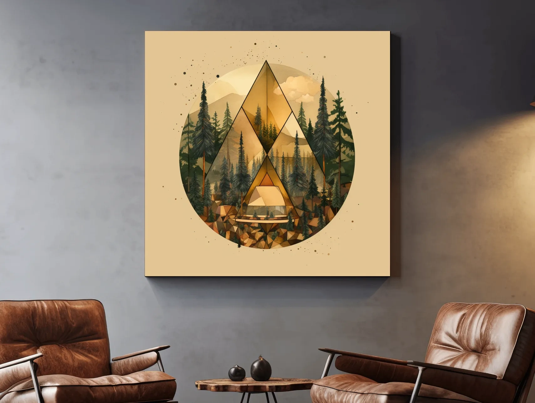 Geometric Mountain Cabin Forest Landscape - Modern Abstract Nature Wall Art