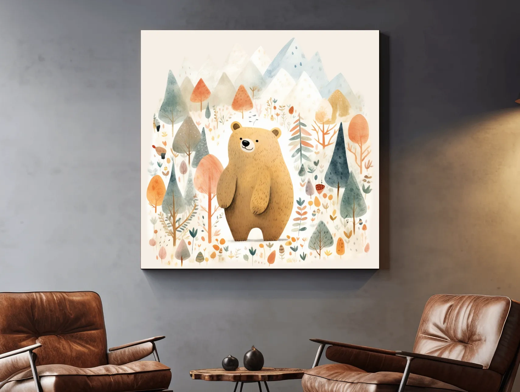 Cute Watercolor Bear In Mountain Forest - Whimsical Nursery Wall Art