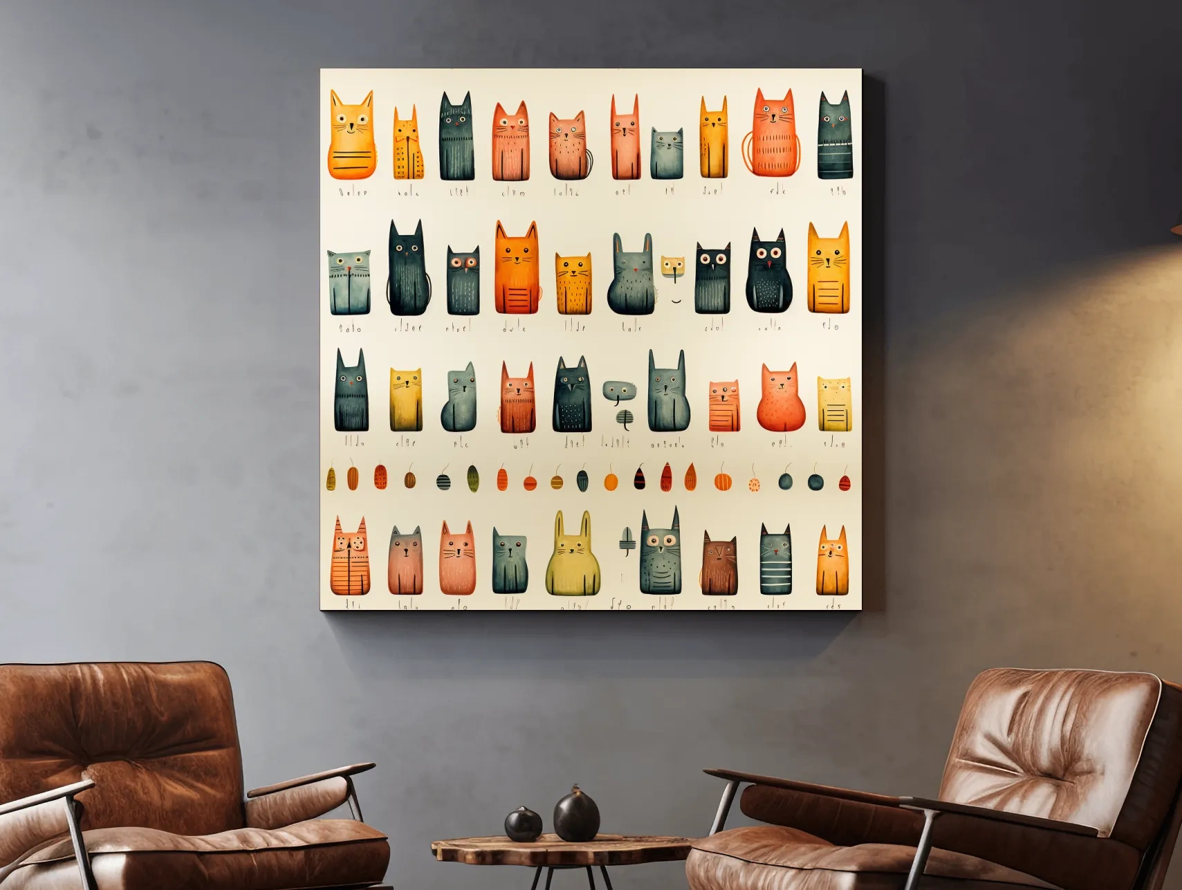 Whimsical Mid Century Cat Pattern Illustration - Colorful Nursery Wall Art