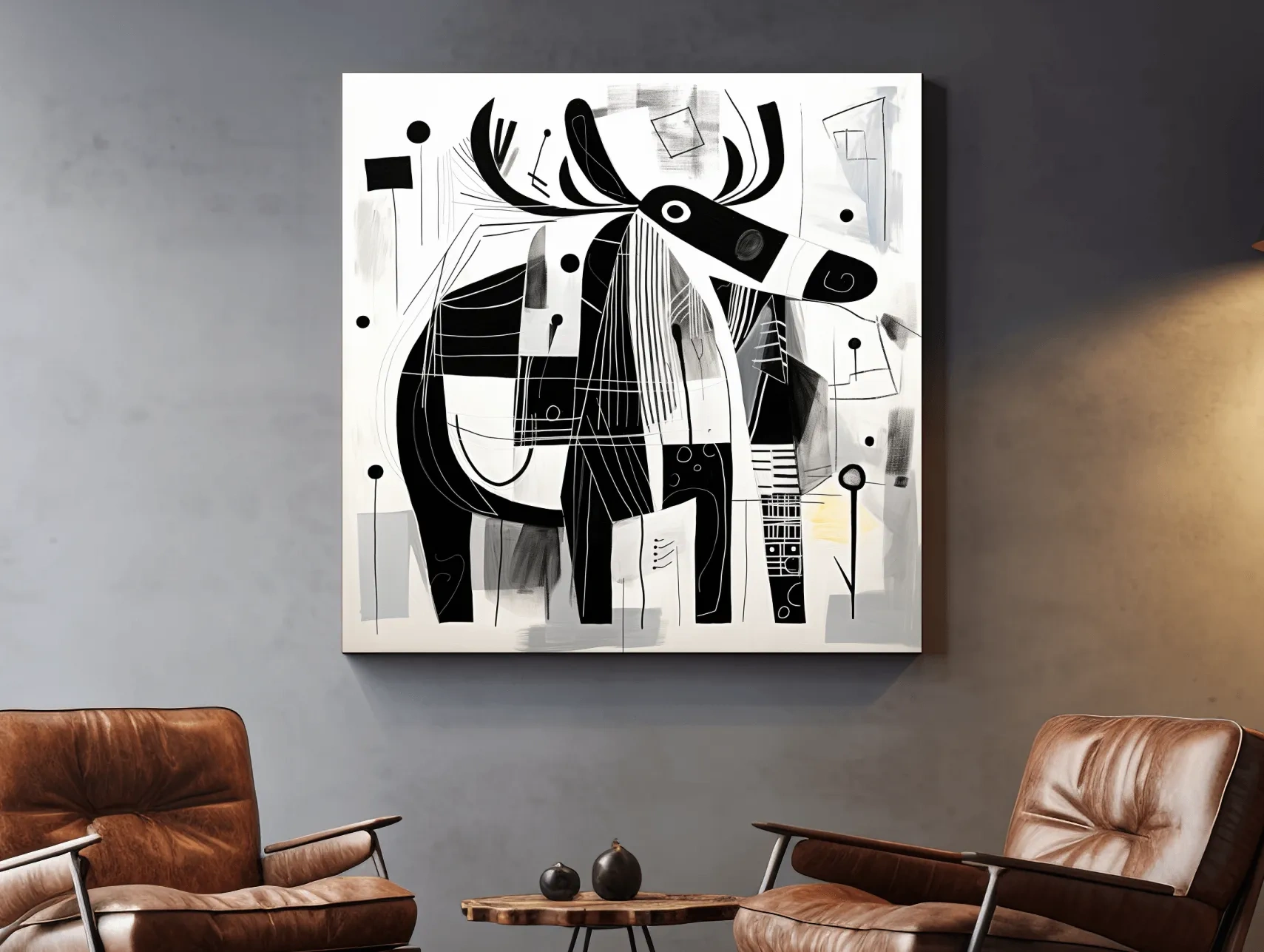 Abstract mid-century style painting of a moose
