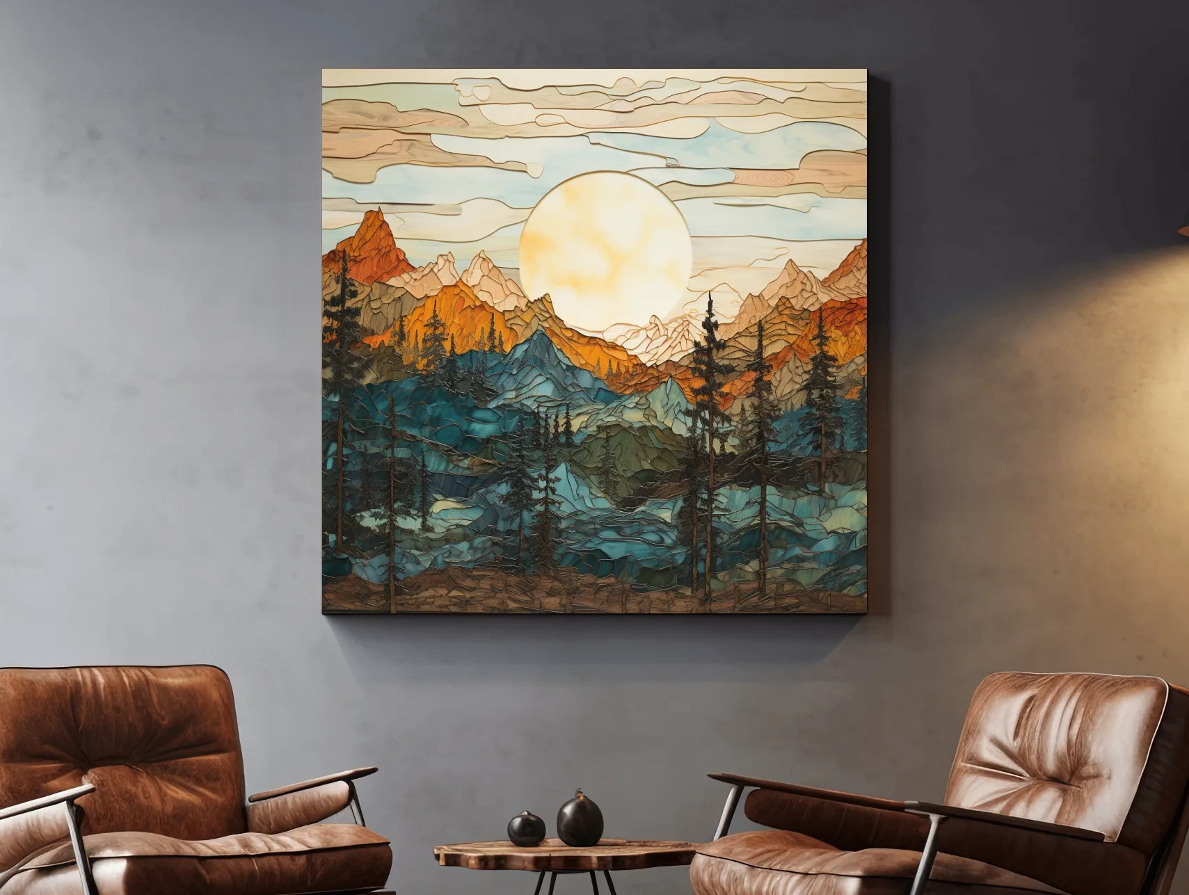 Sunset over the alpine forest mountain art, leadlight stained glass style