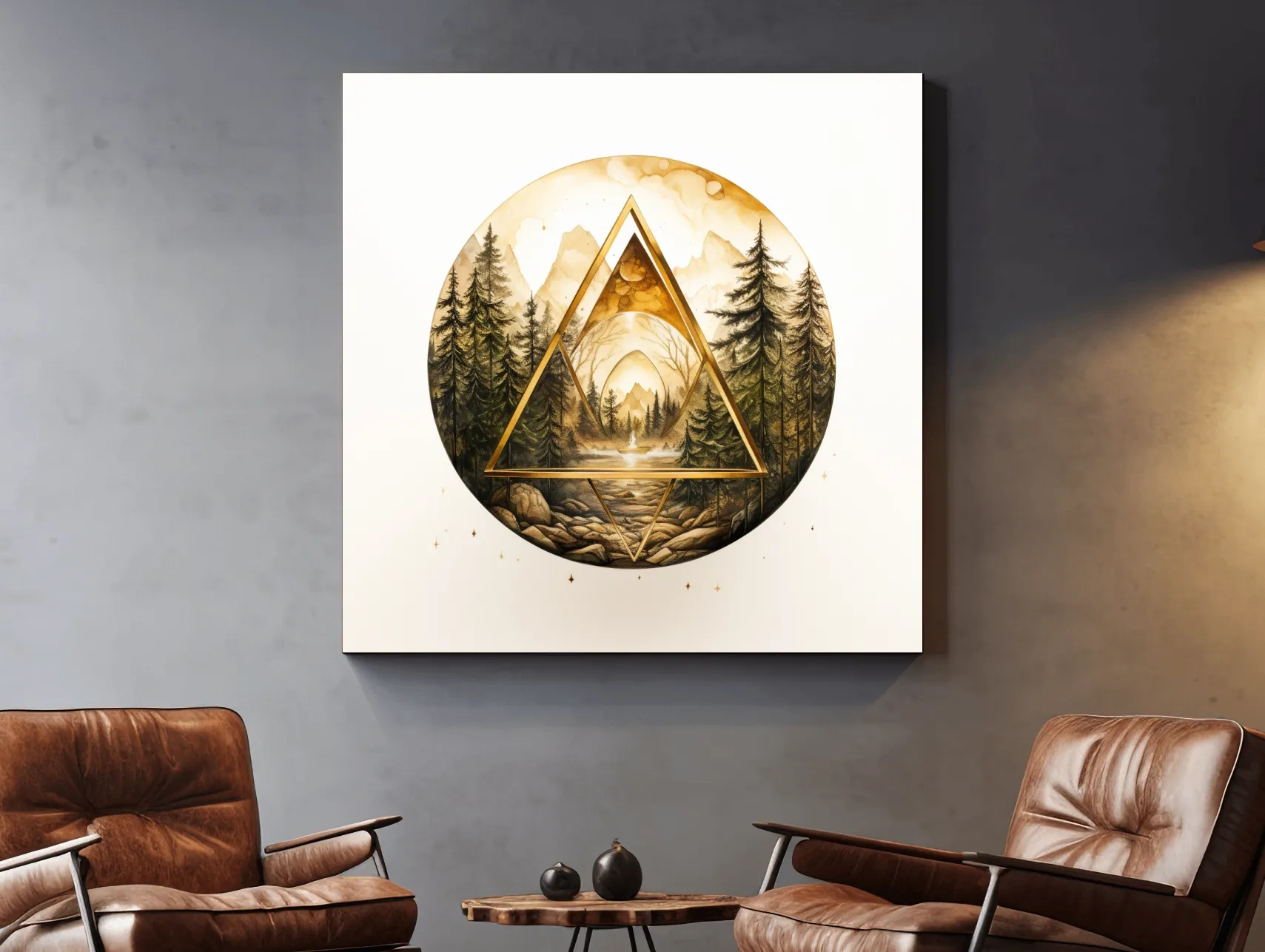 Rustic Mountain Forest Watercolor - Gold Sepia Landscape Wall Art