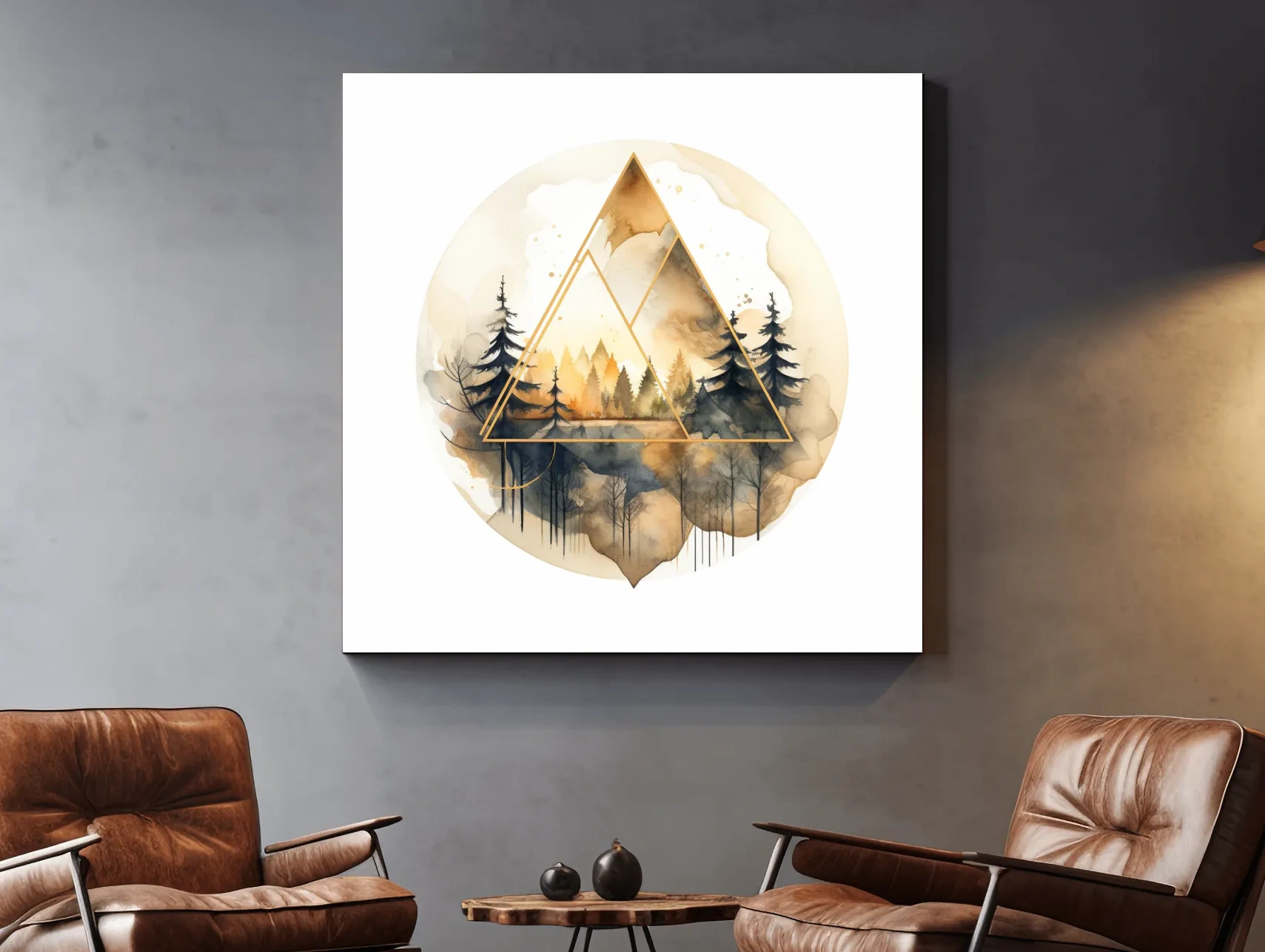 Geometric Watercolor Mountain Forest Landscape - Modern Rustic Nature Wall Art