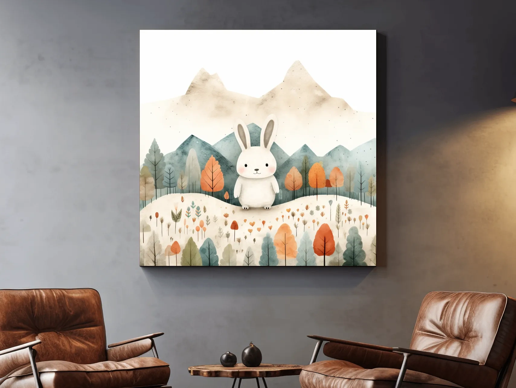 Cute Watercolor Bunny In Mountain Forest - Whimsical Nursery Woodland Wall Art