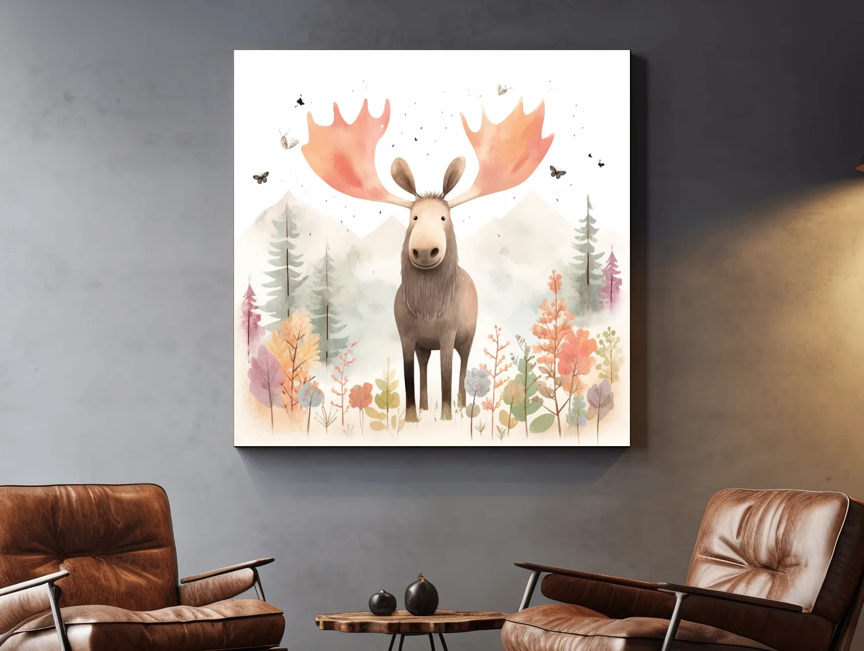 Whimsical Watercolor Moose In Pastel Forest - Storybook Nursery Animal Wall Art
