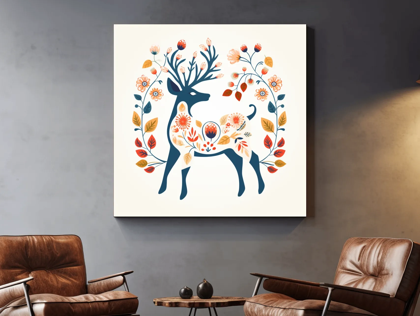 Folk Art Floral Deer Silhouette - Scandinavian Woodland Wall Art