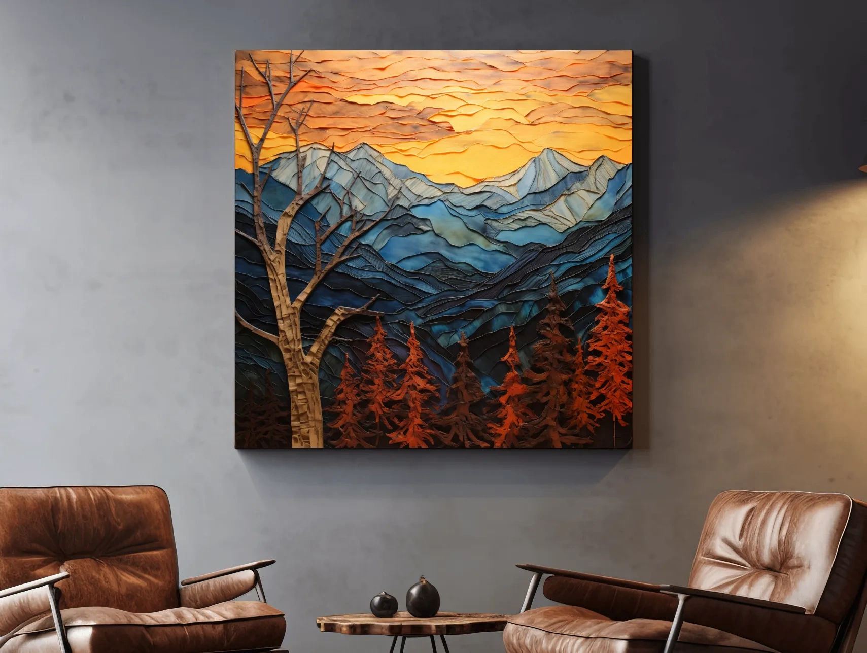 Layered Paper Cut Alpine Mountain Sunset - Mixed Media 3D Landscape Wall Art