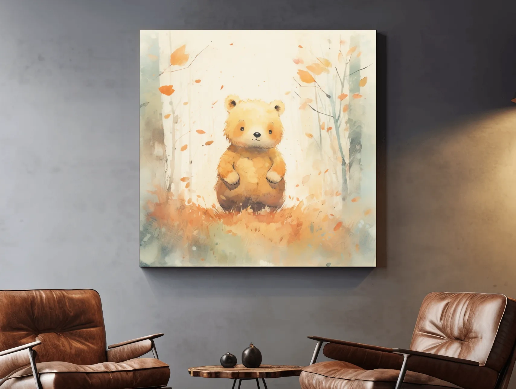 Cute Watercolor Bear Cub In Autumn Forest - Whimsical Nursery Animal Wall Art