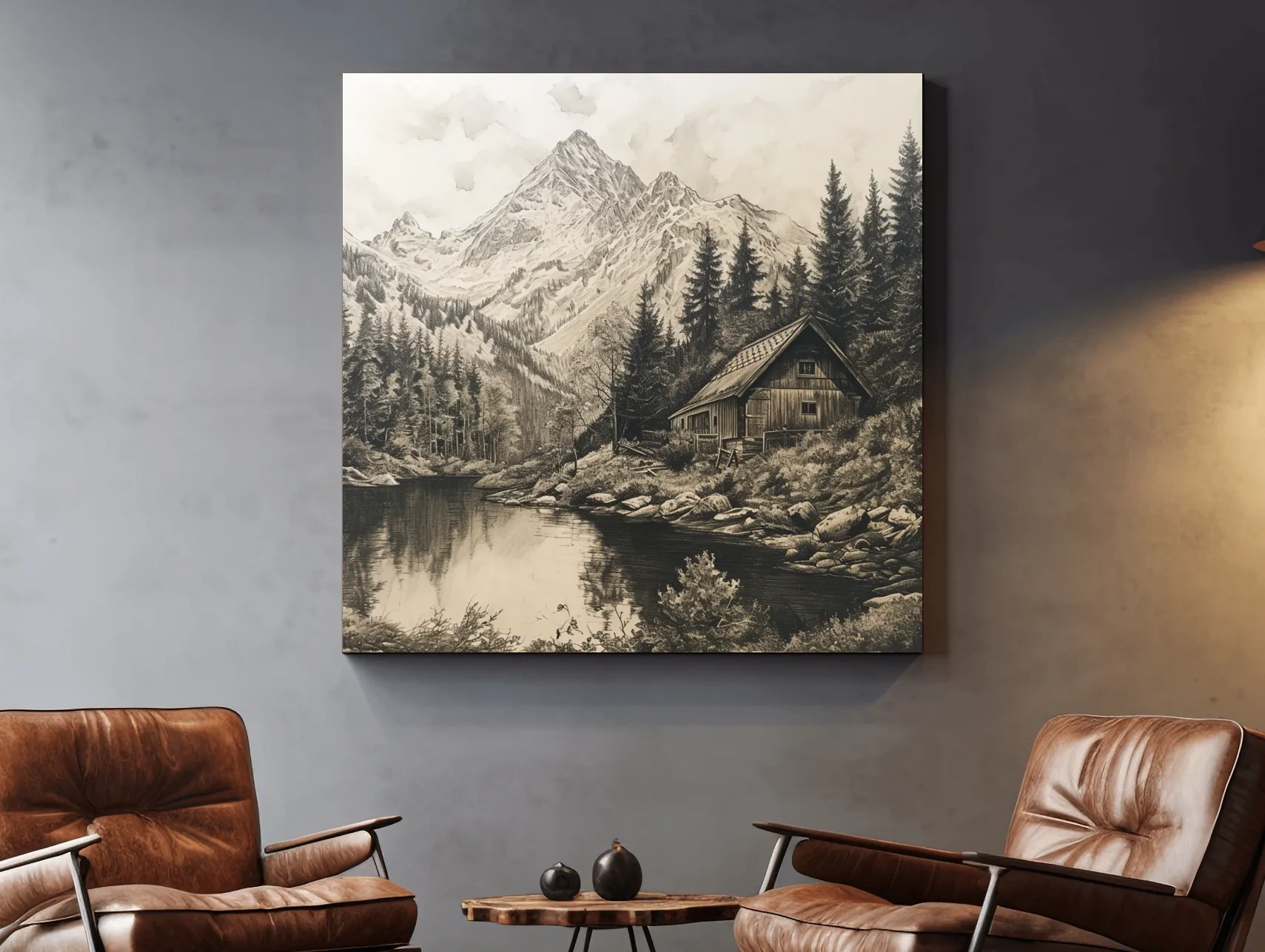Vintage Sepia Mountain Cabin Lake Scene - Rustic Alpine Forest Landscape Art