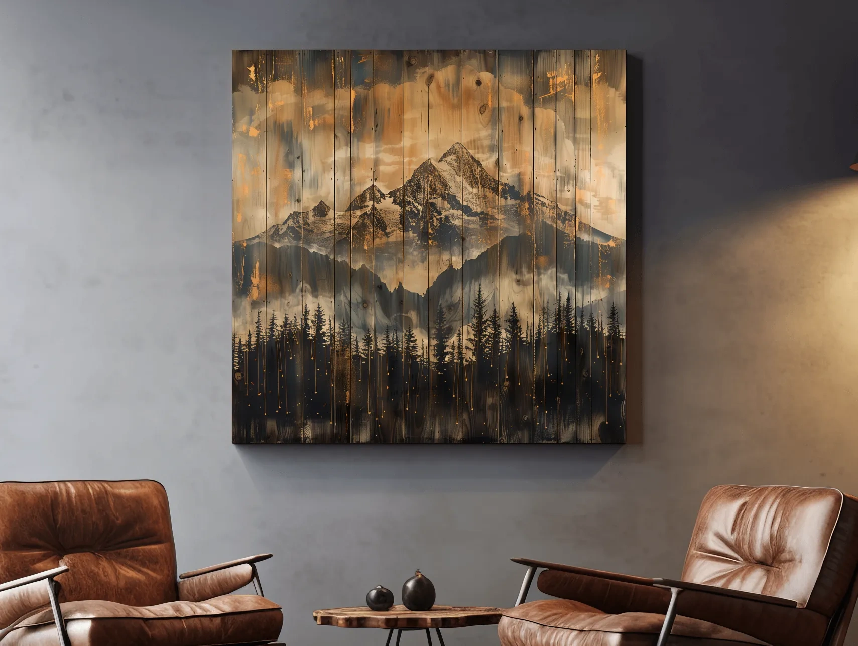 Rustic Mountain Range Over Pine Forest - Vintage Wood Panel Style Landscape Artwork