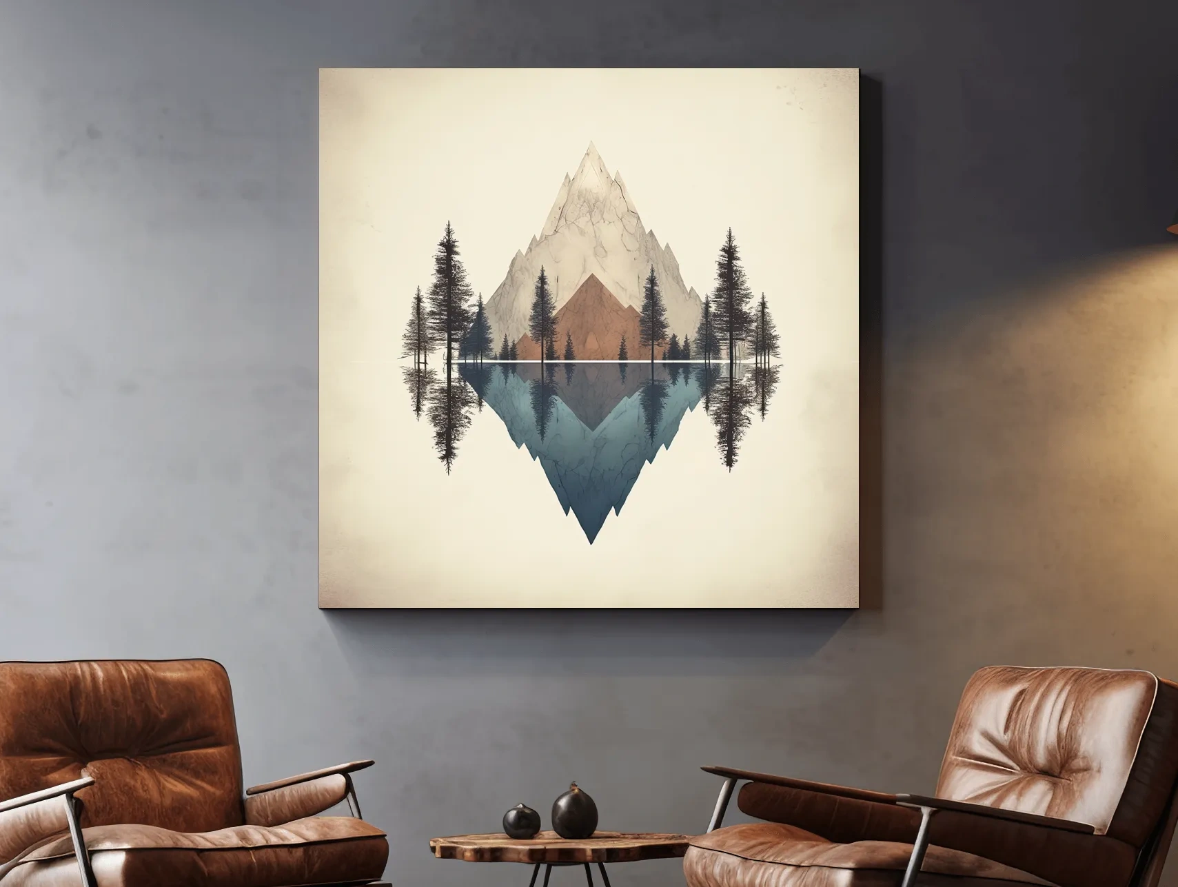 Minimalist Geometric Mountain Lake Reflection - Pine Forest Landscape Wall Art